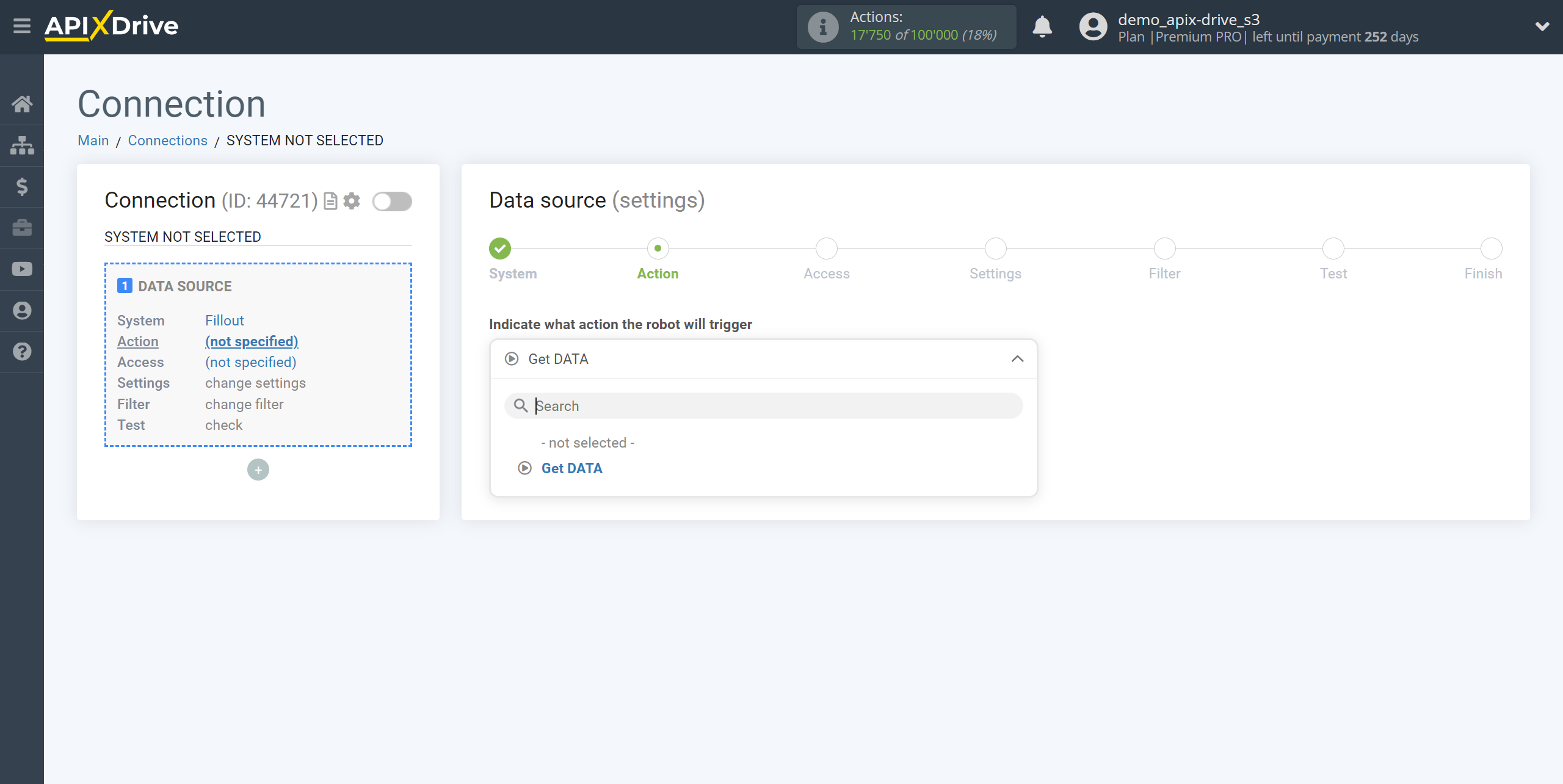 How to Connect Fillout as Data Source | Action selection How to Connect Fillout as Data Source | Action selection