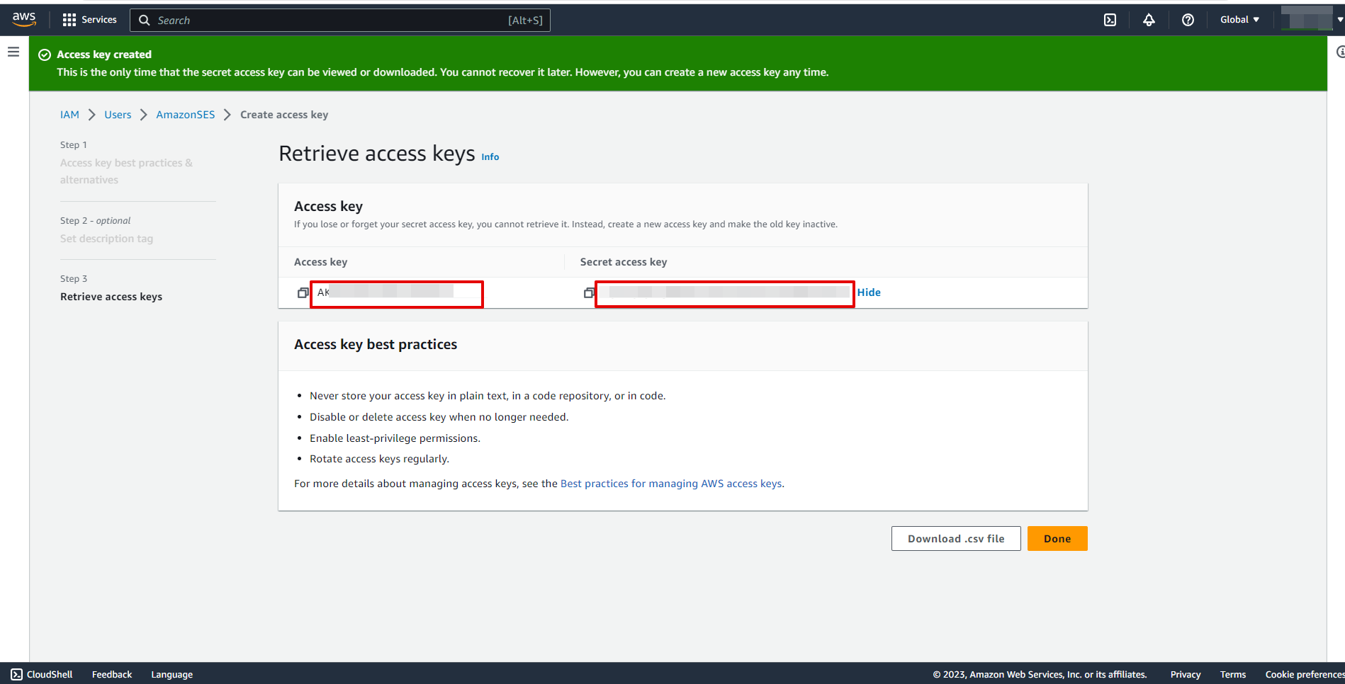 Настройка Amazon SES | Копирование "Access key ID" и "Secret access key"
