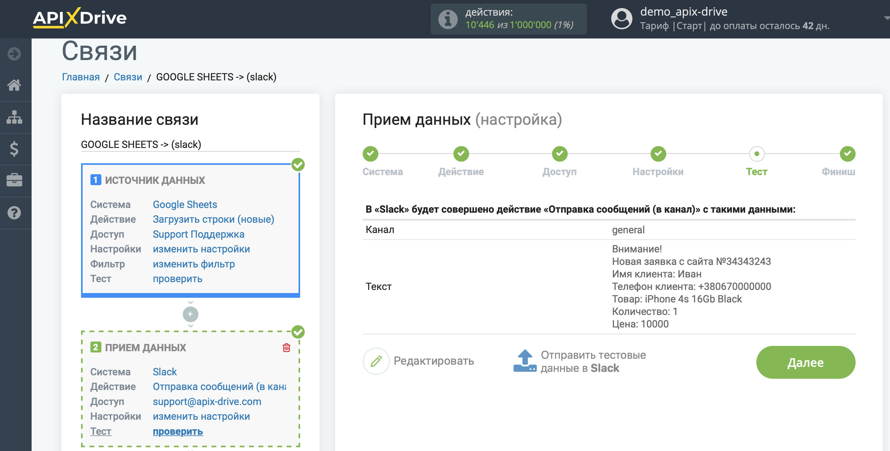 Настройка Приема данных в Slack | Тестовые данные Настройка Приема данных в Slack | Тестовые данные