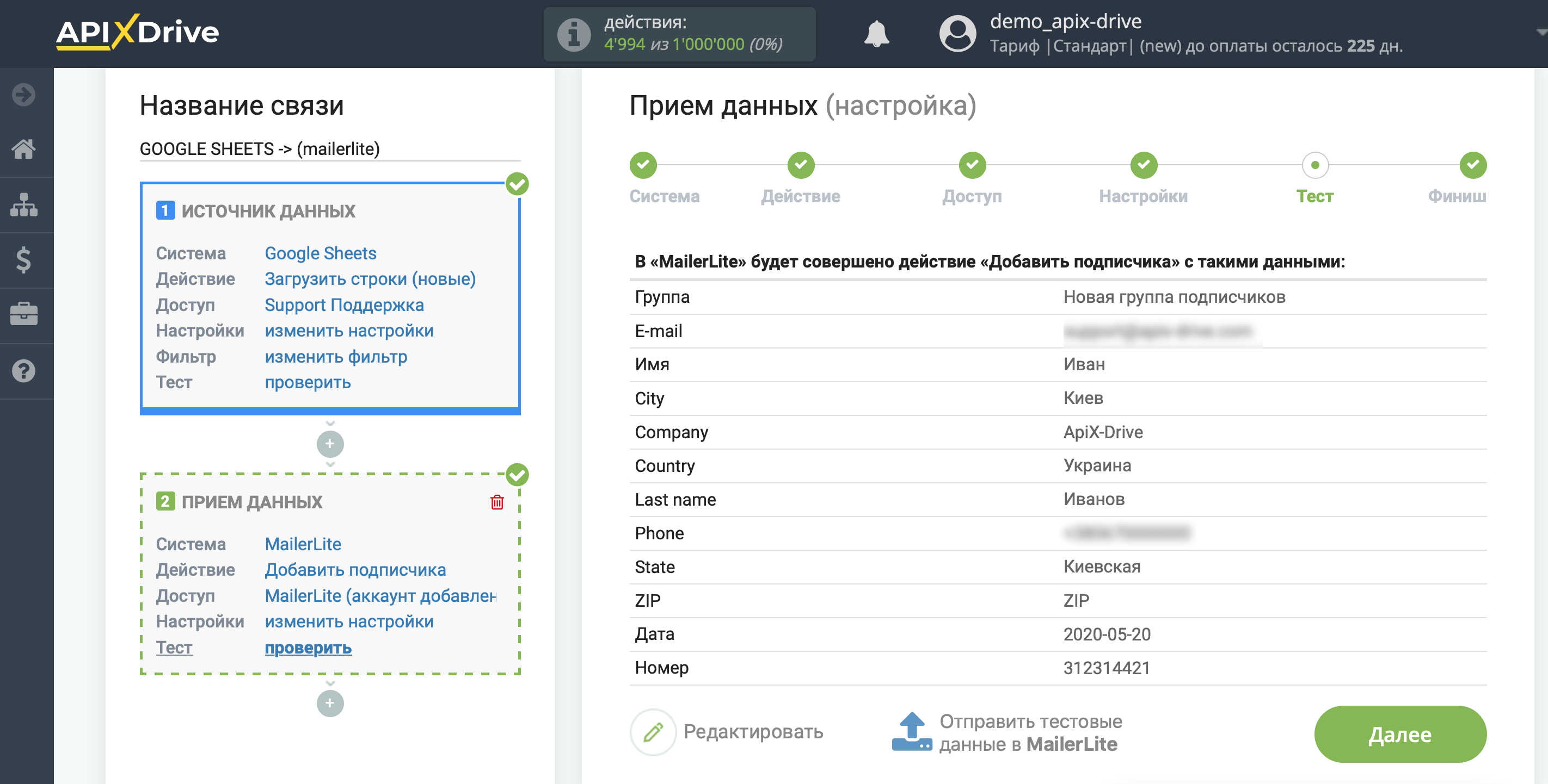 Настройка Приема данных в MailerLite | Тестовые данные Настройка Приема данных в MailerLite | Тестовые данные