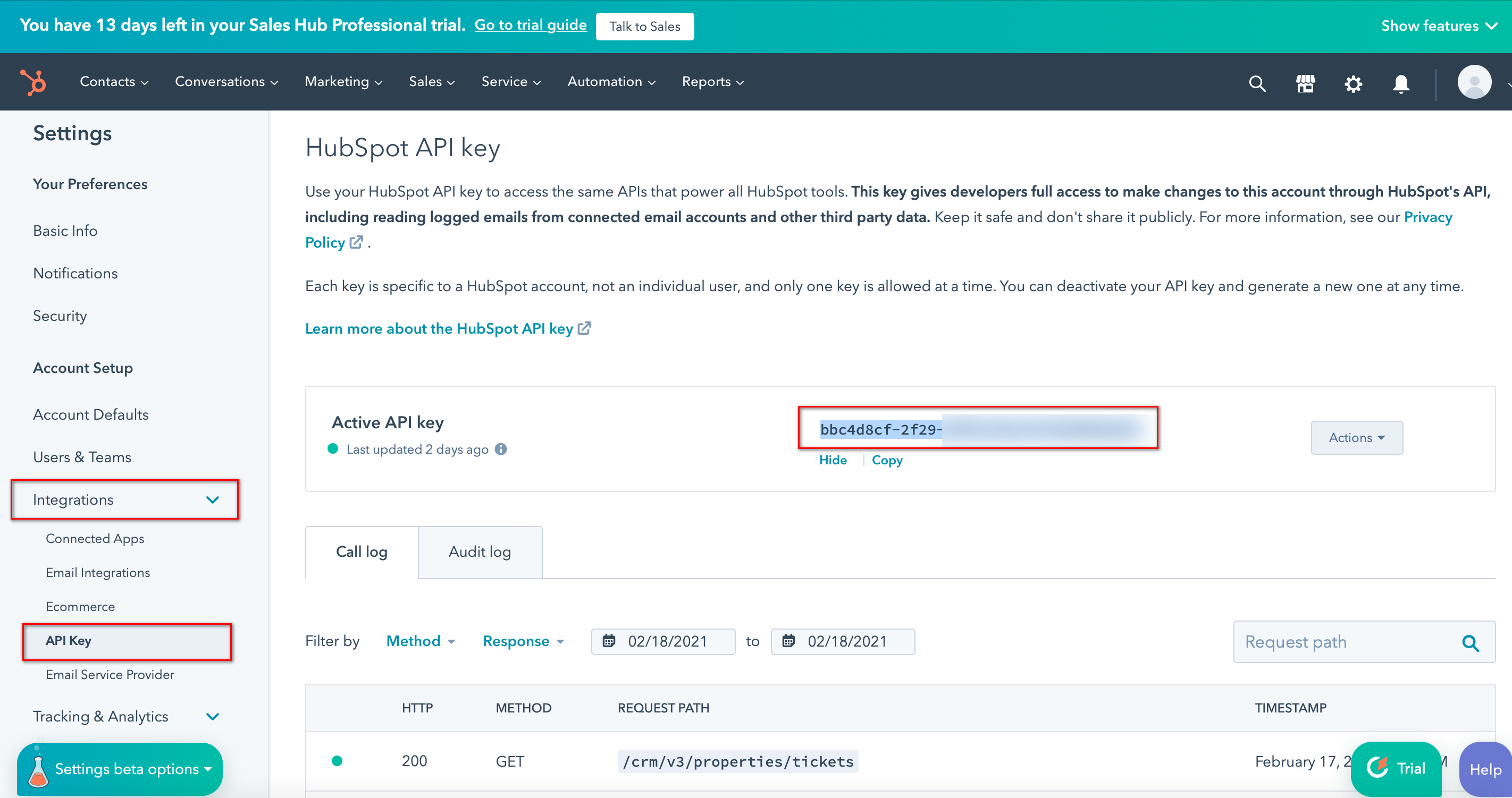 Настройка Hubspot в качестве Приема данных | API ключ в аккаунте Hubspot