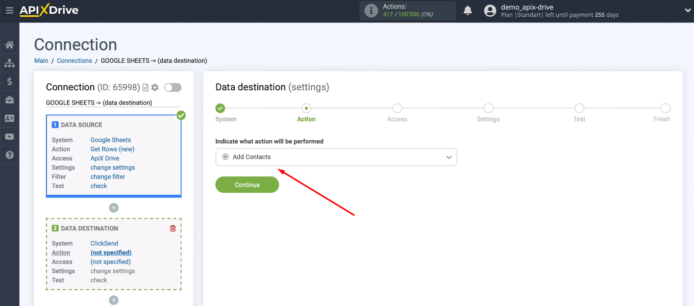 Google Sheets and ClickSend integration | Select an action Google Sheets and ClickSend integration | Select an action