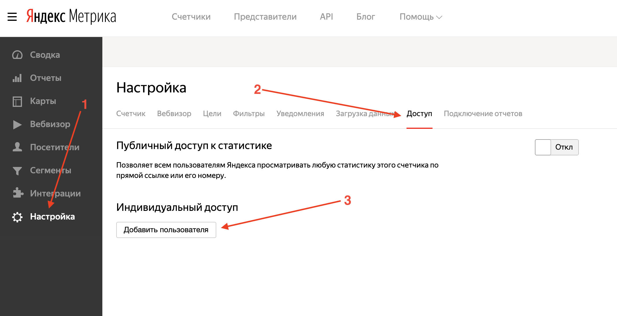 Предоставление доступа другому пользователю в Яндекс Метрике, шаг 1