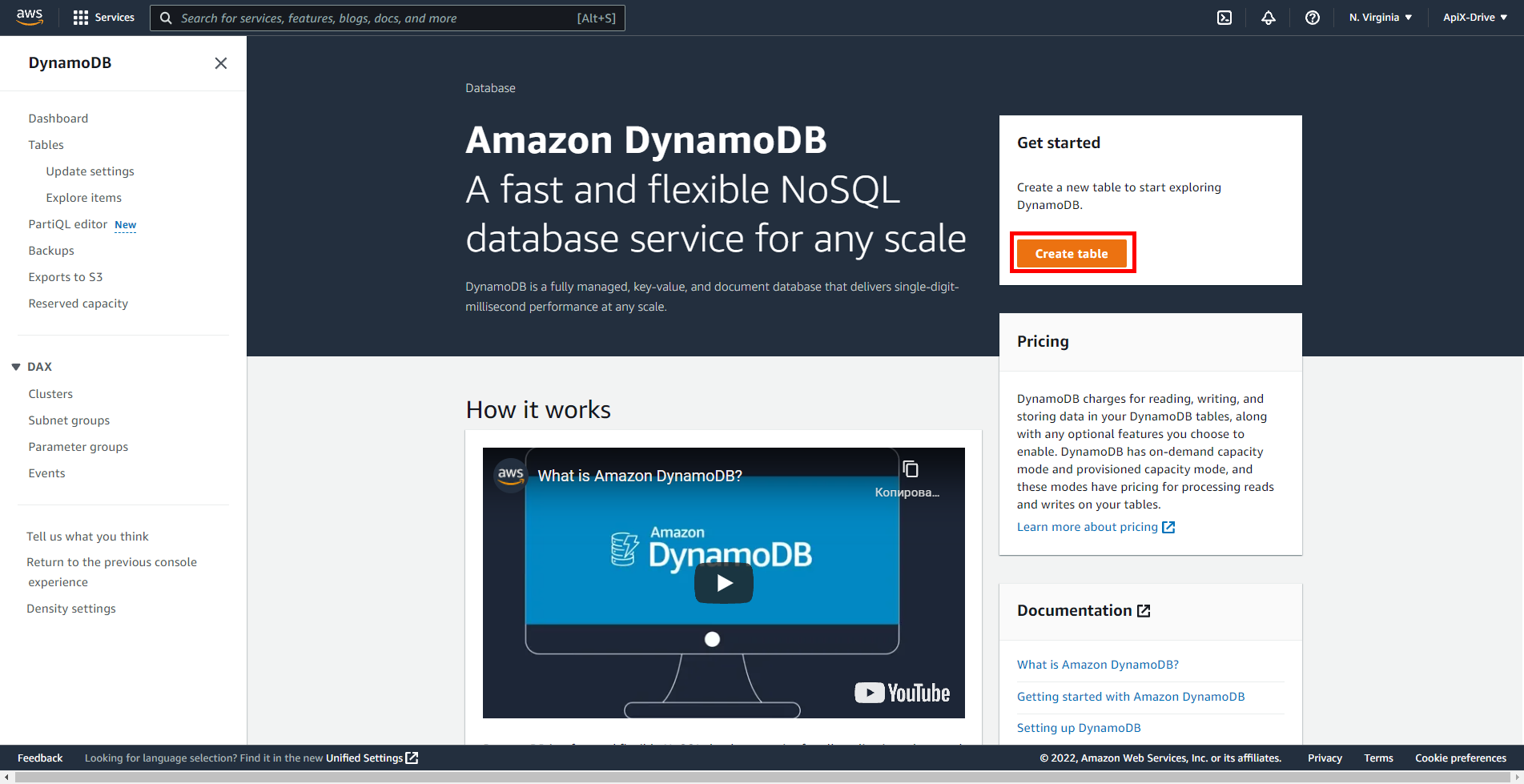 Настройка Amazon DynamoDB | Создание БД