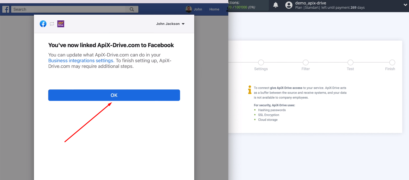 Facebook and Hubspot integration | FB account linked to ApiX-Drive Facebook and Hubspot integration | FB account linked to ApiX-Drive