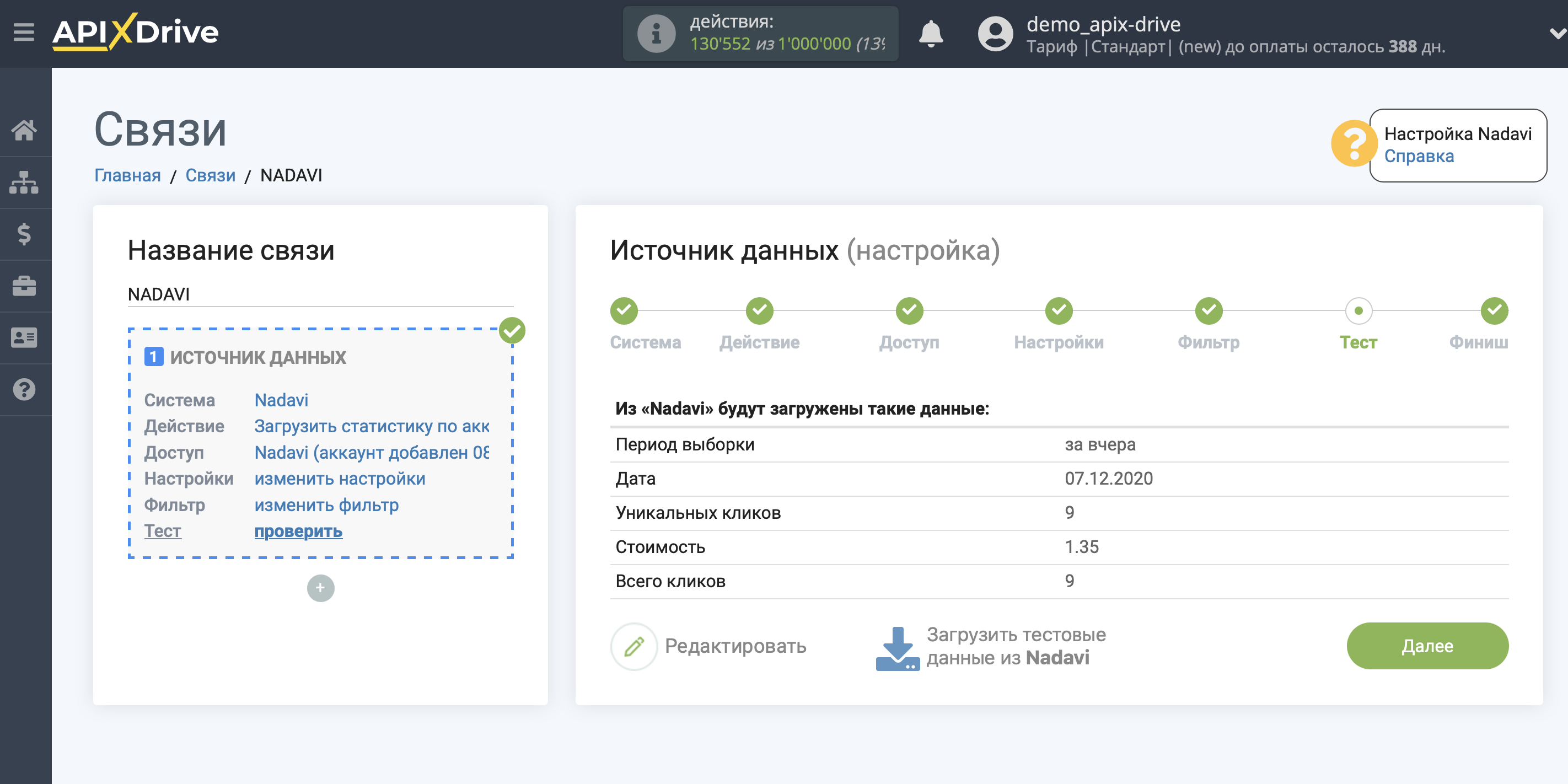 Импорт данных по расходам из Nadavi в Яндекс.Метрику | Тестовые данные