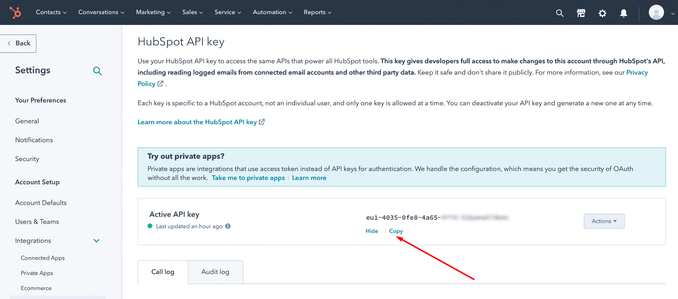 Facebook and Hubspot integration | Copy the API Key Facebook and Hubspot integration | Copy the API Key