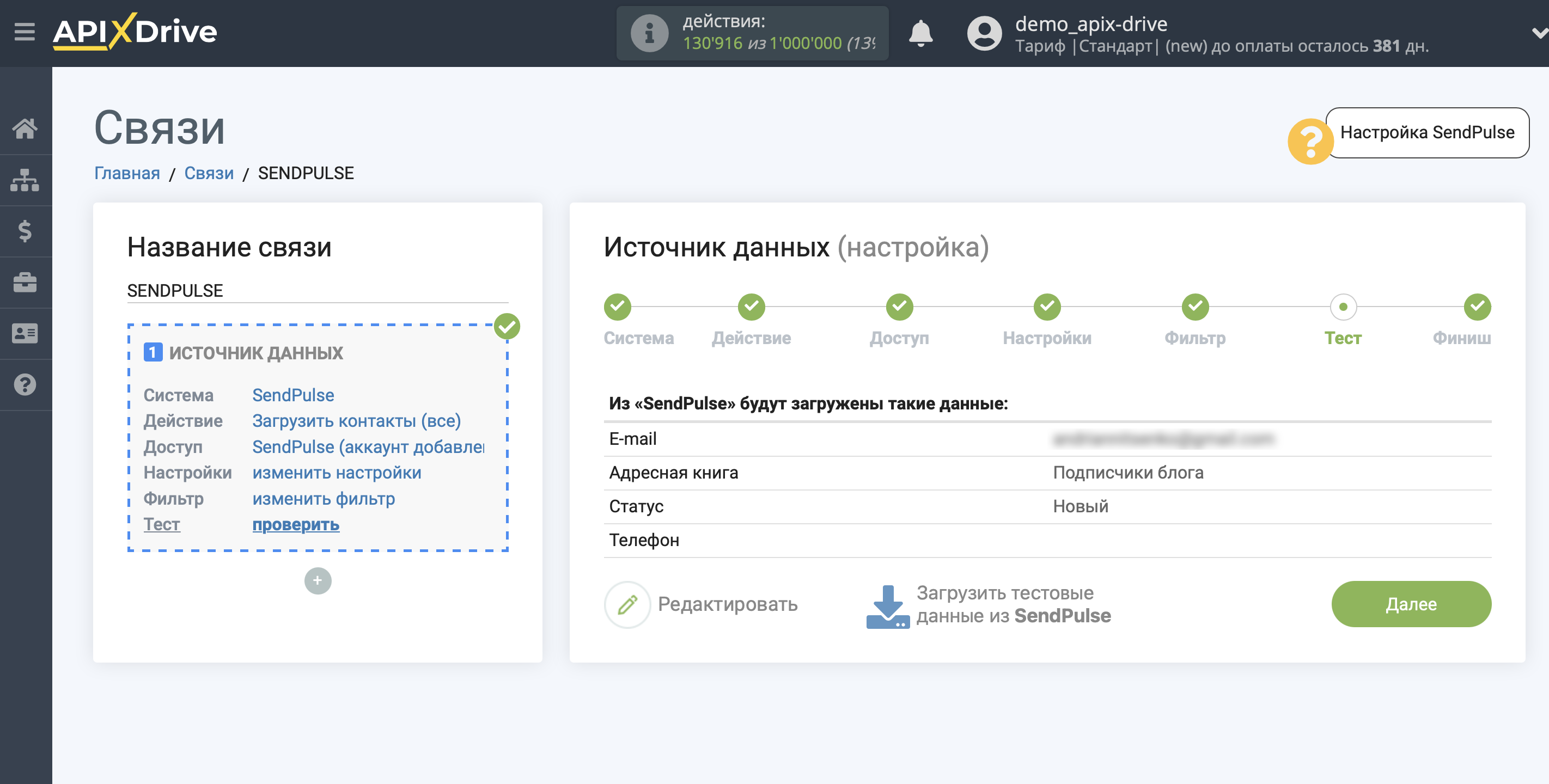 Настройка SendPulse | Тестовые данные Настройка SendPulse | Тестовые данные