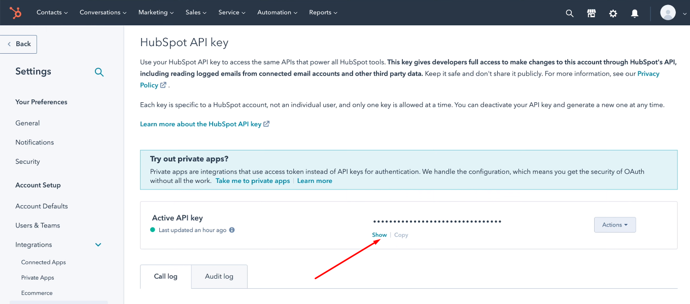 Facebook and Hubspot integration | Click "Show" Facebook and Hubspot integration | Click "Show"