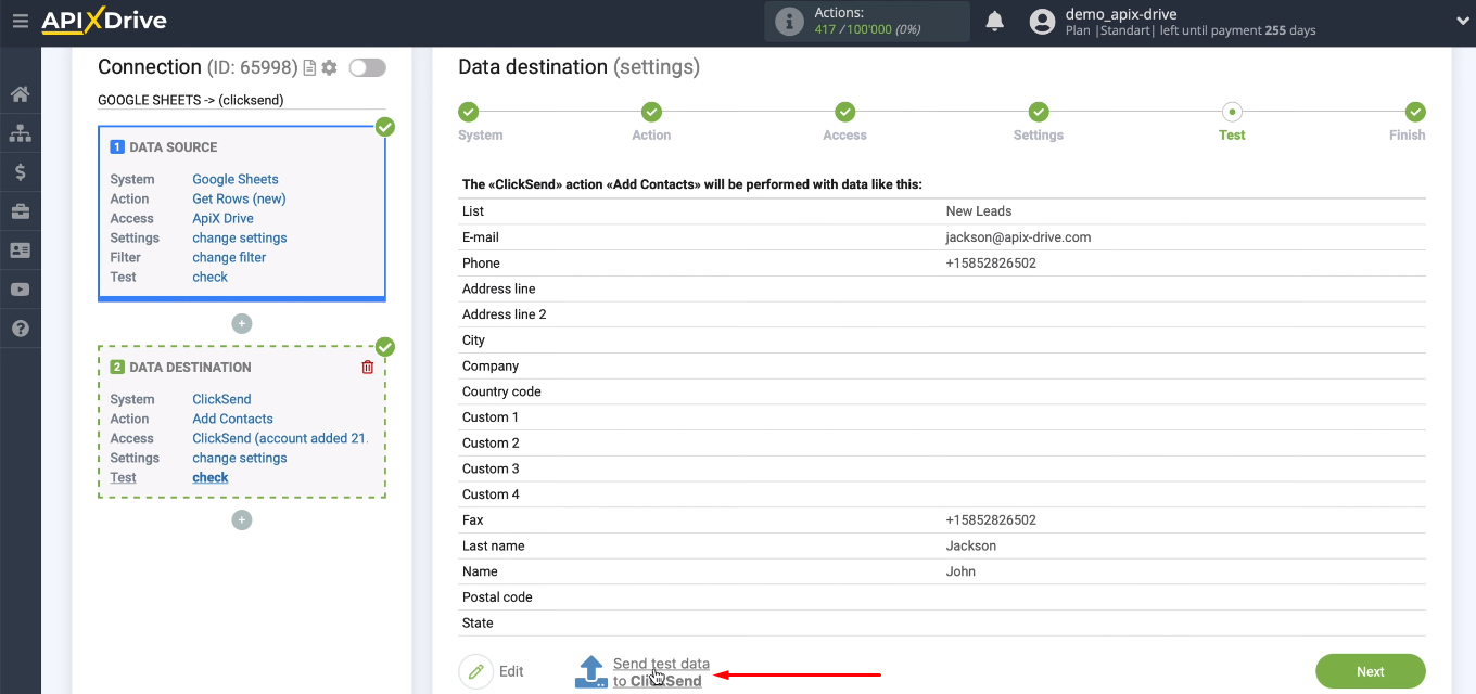 Google Sheets and ClickSend integration | Click "Send test data to ClickSend" Google Sheets and ClickSend integration | Click "Send test data to ClickSend"