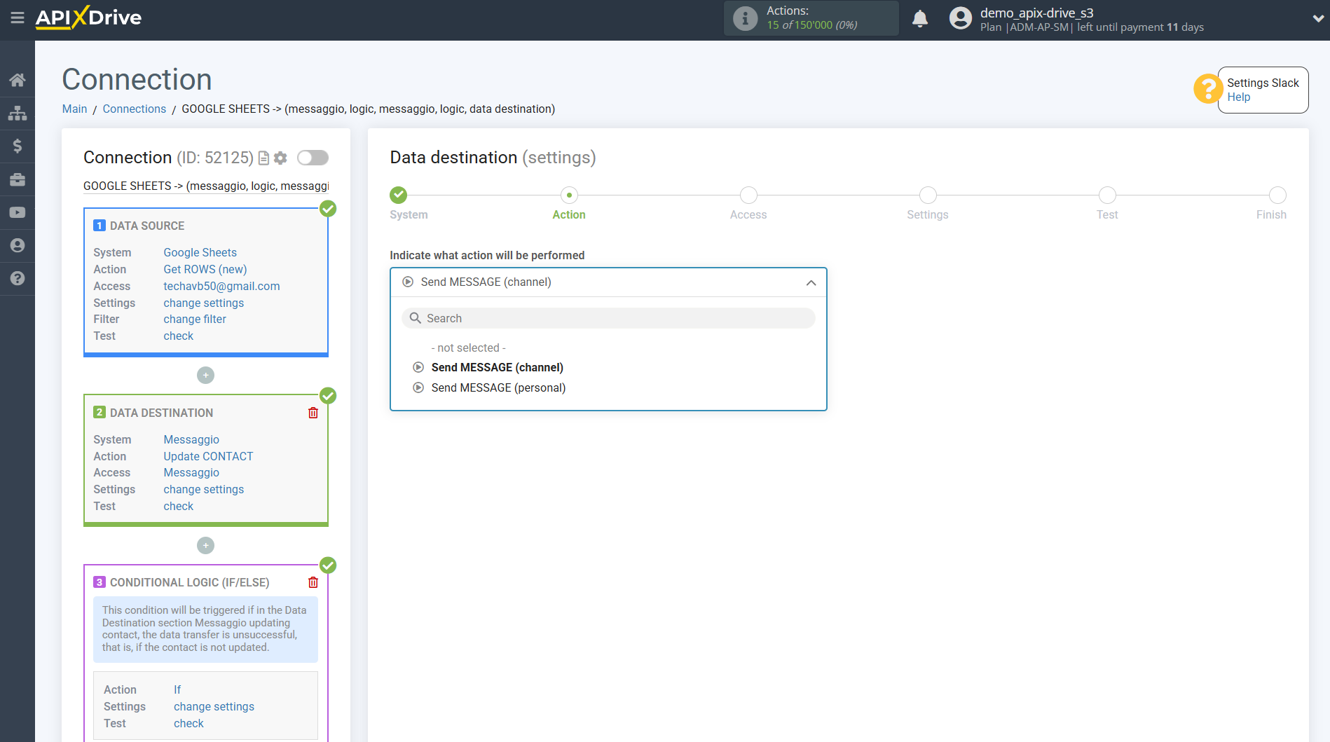 How to setup Messaggio Update Contact / Add Contact | Action selection in the Data Destination