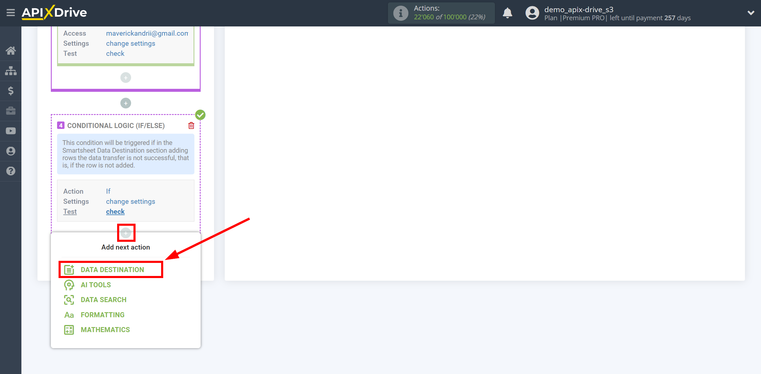 How to setup Smartsheet Update Row / Add Row | Start setting up Slack Data Destination inside the Logic section