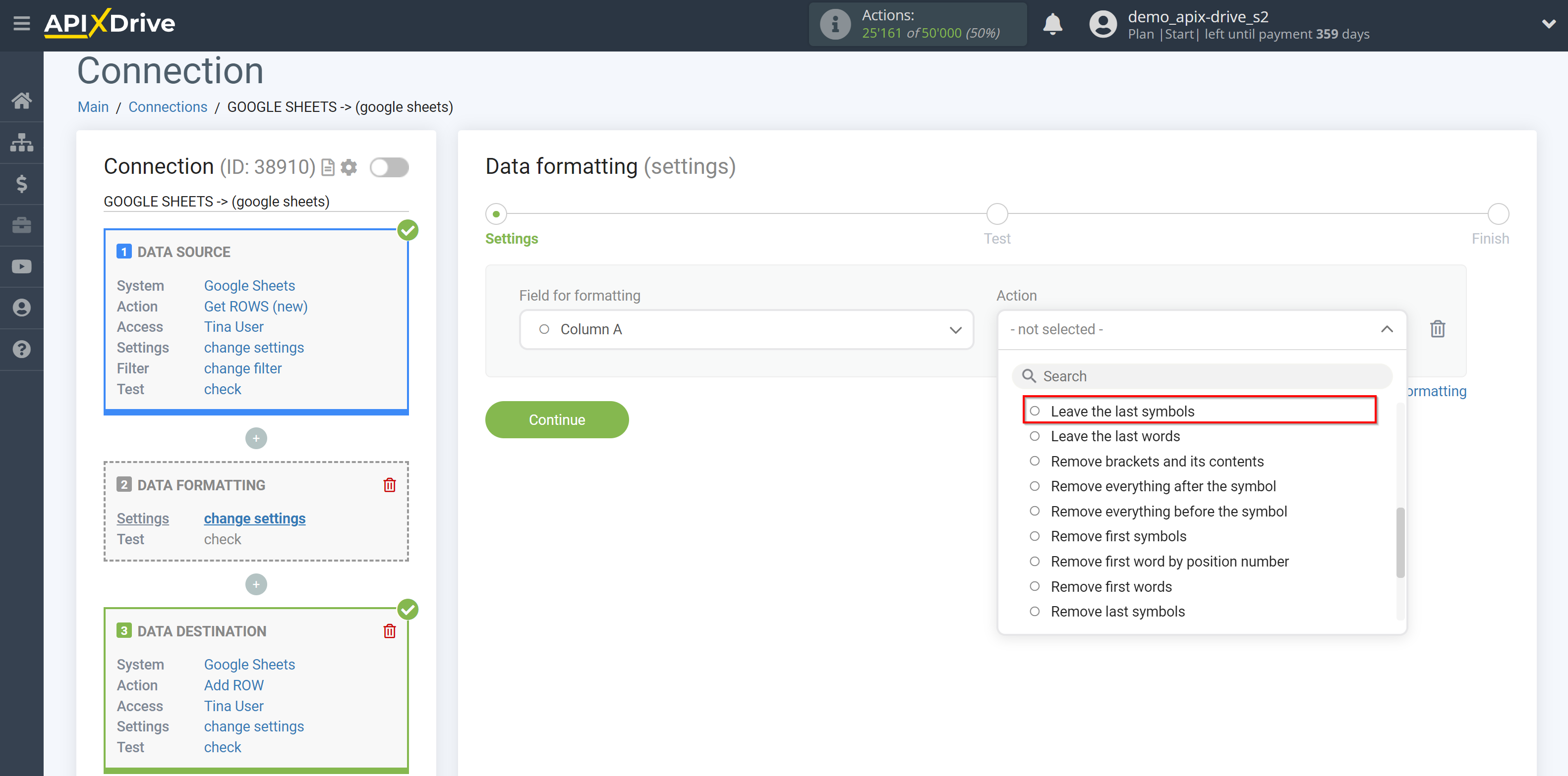 How to setup Data Formatting | Selecting the function&nbsp;Leave the last symbols