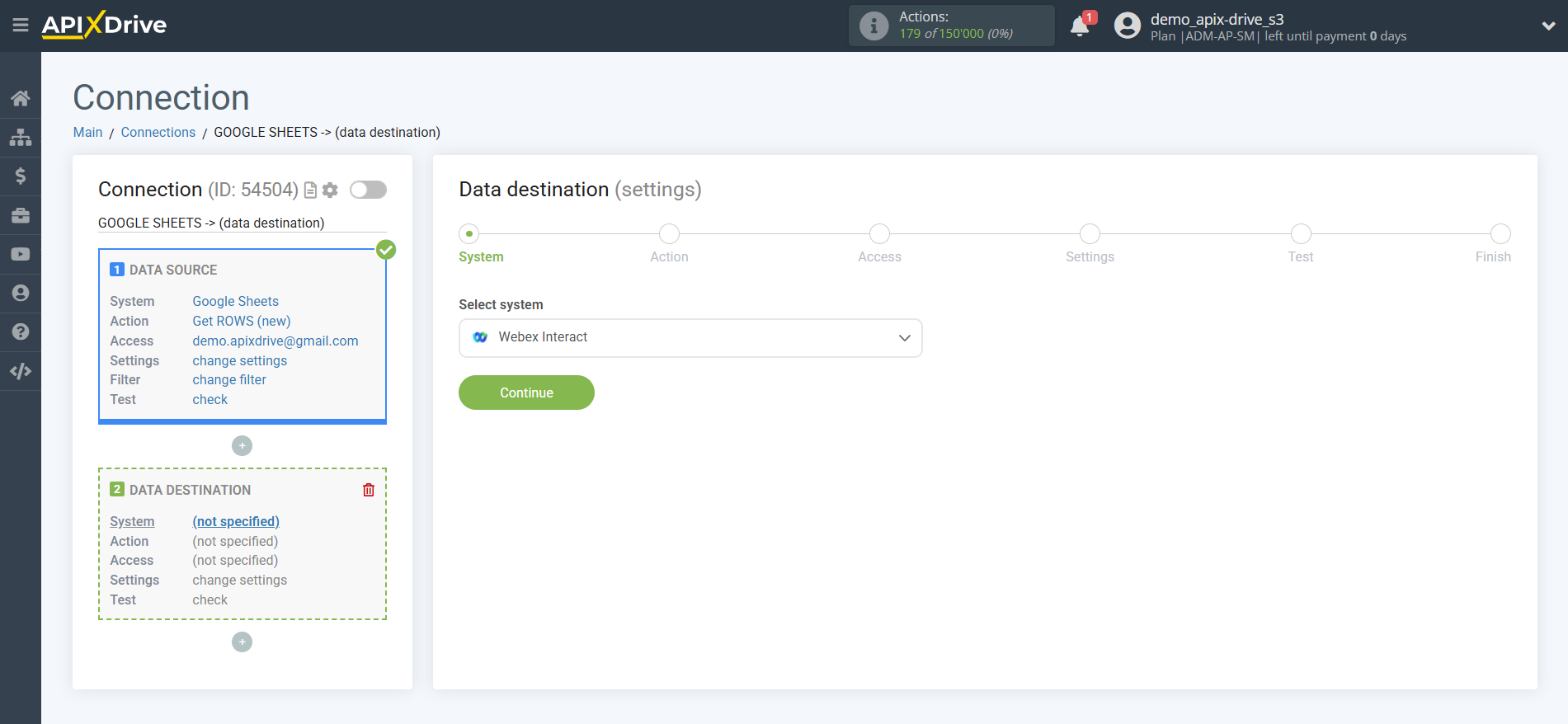 How to Connect Webex Interact as Data Destination | System selection