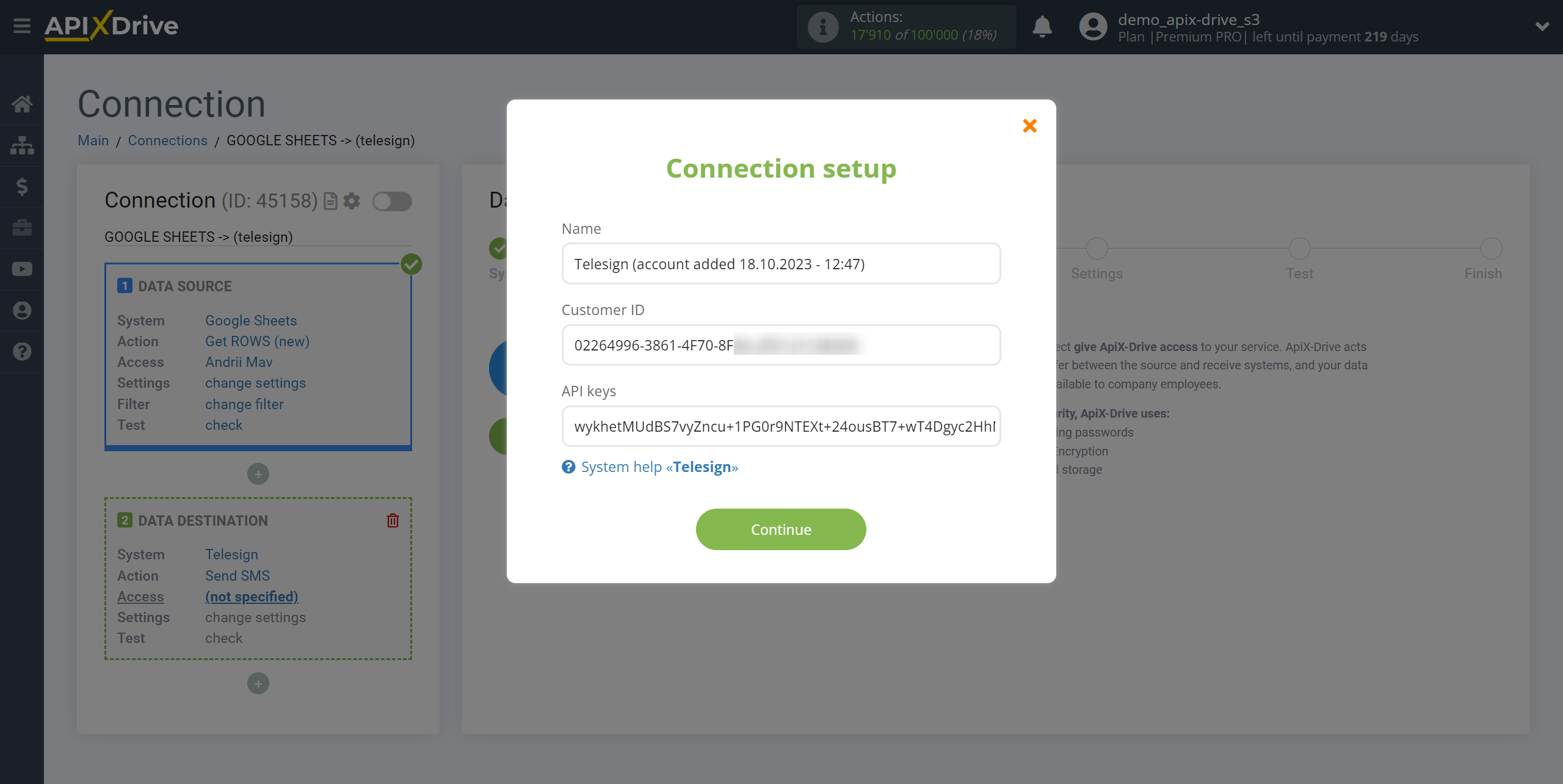 How to Connect Telesign as Data Destination | Entering data