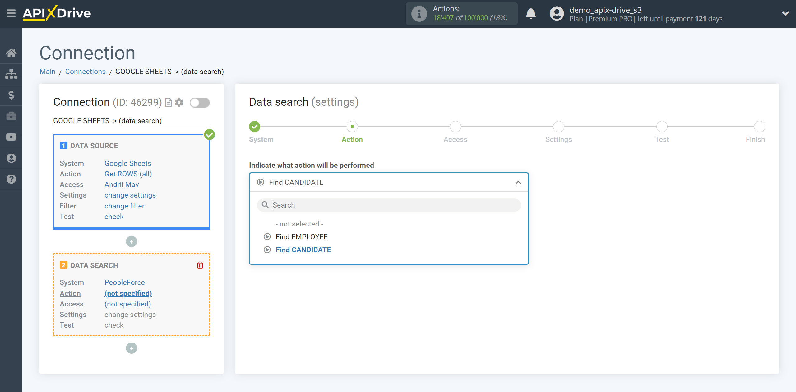 Setting up PeopleForce Candidate Search in Google Sheets | Action selection