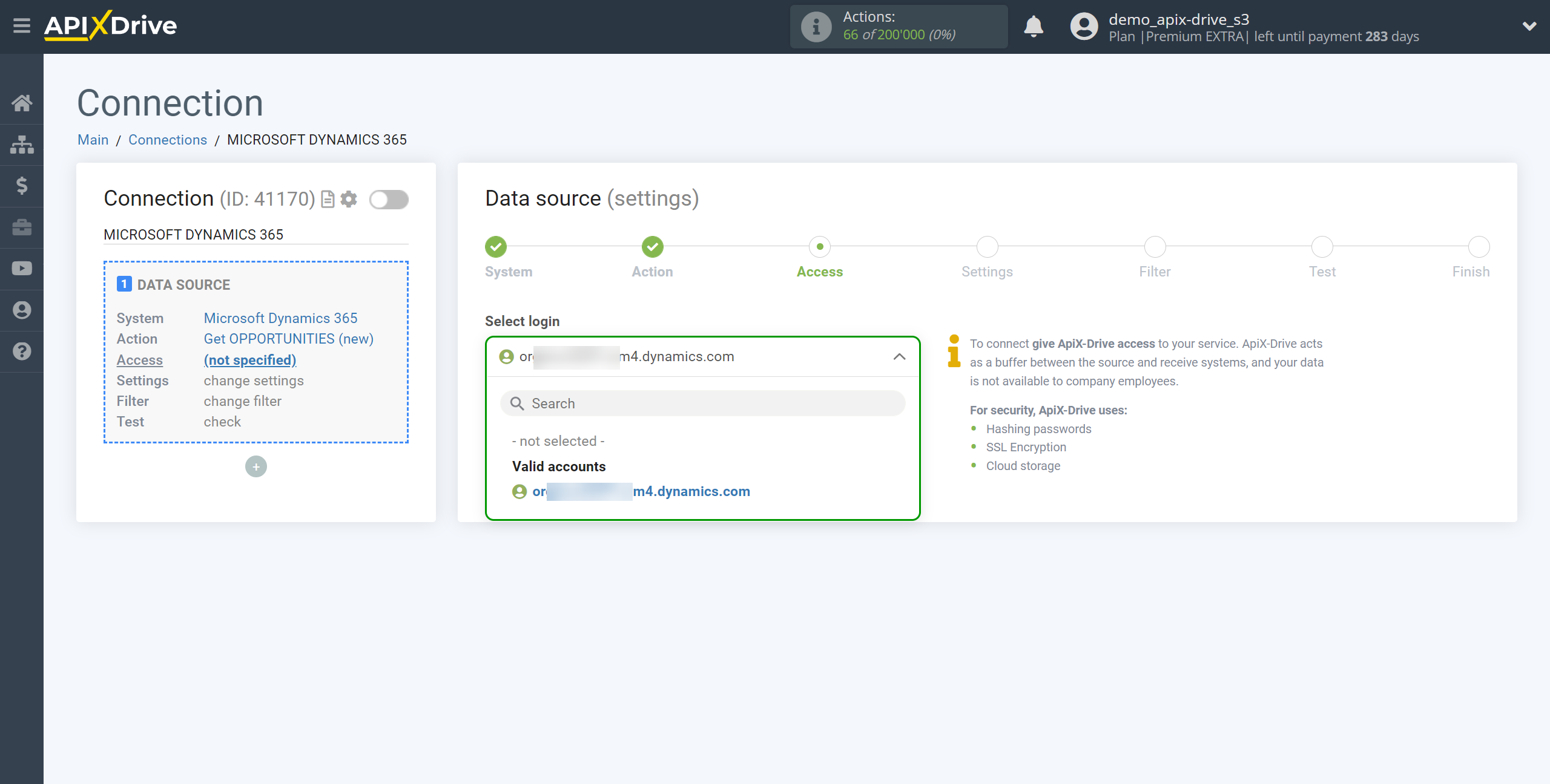 How to Connect Microsoft Dynamics 365 as Data Source | Account selection