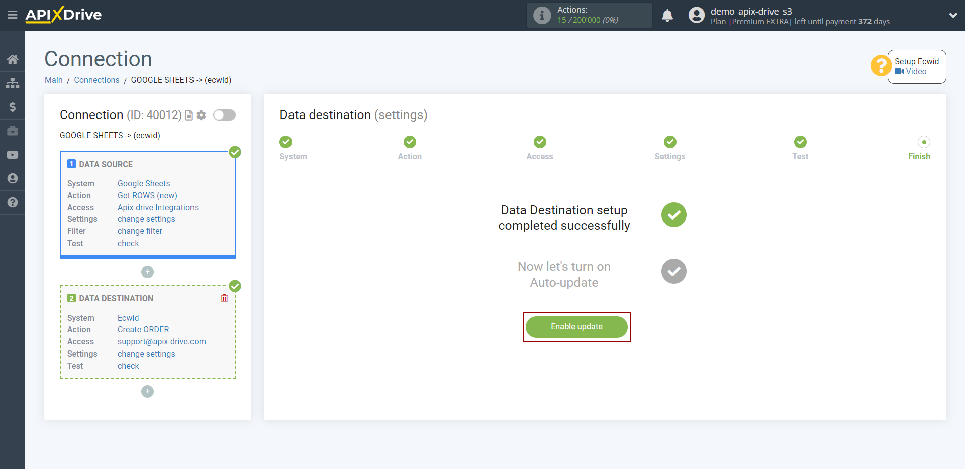 How to Connect Ecwid as Data Destination | Enable auto-update