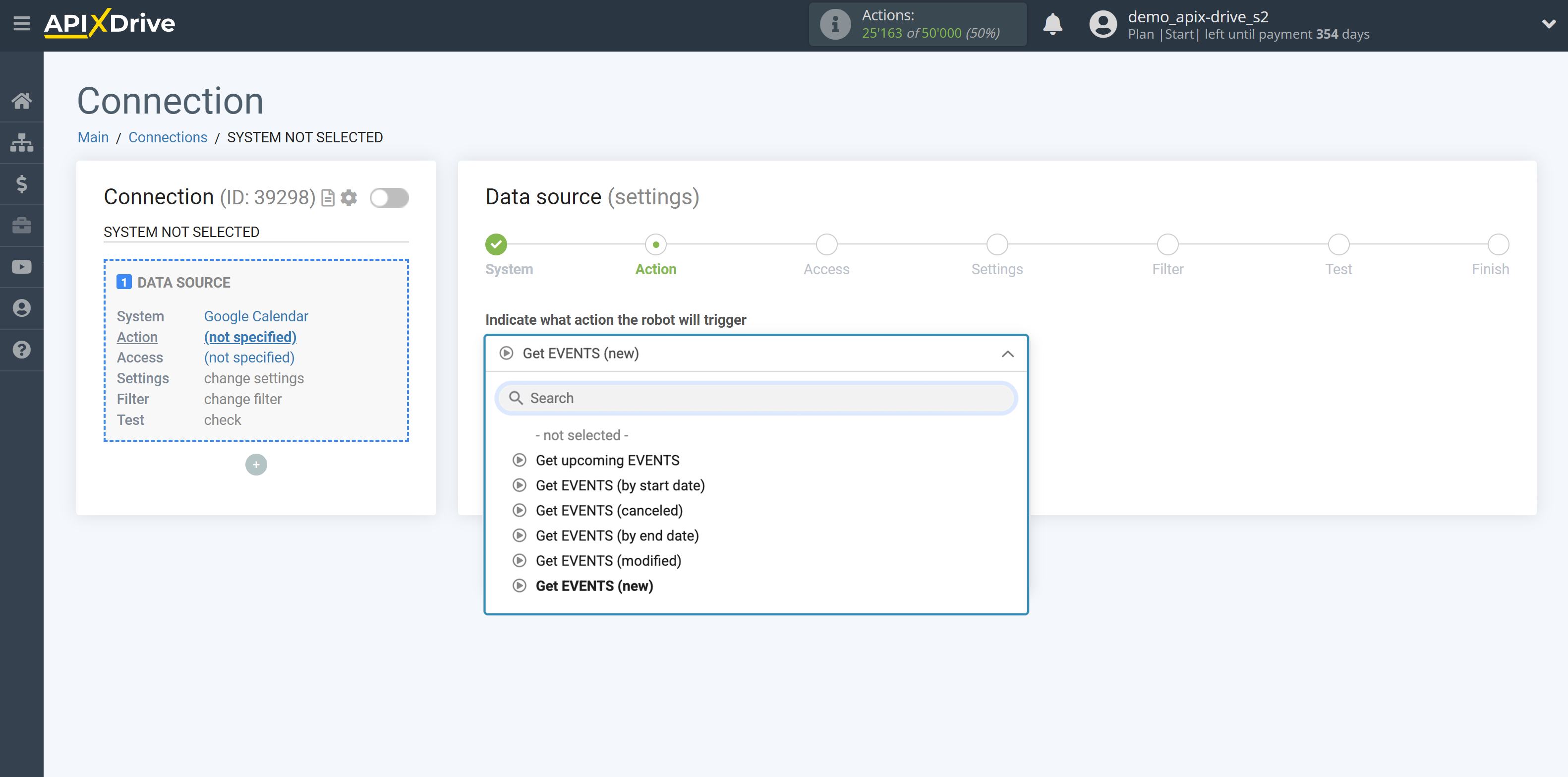 How to Connect Google Calendar as Data Source | Action selection