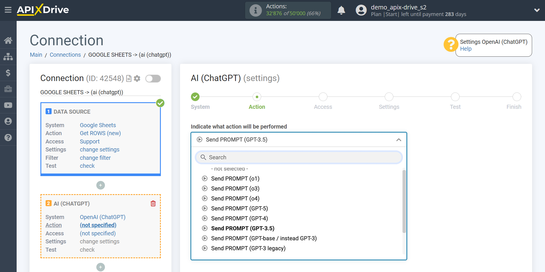 Setting up generate content with OpenAI (ChatGPT) | Action selection