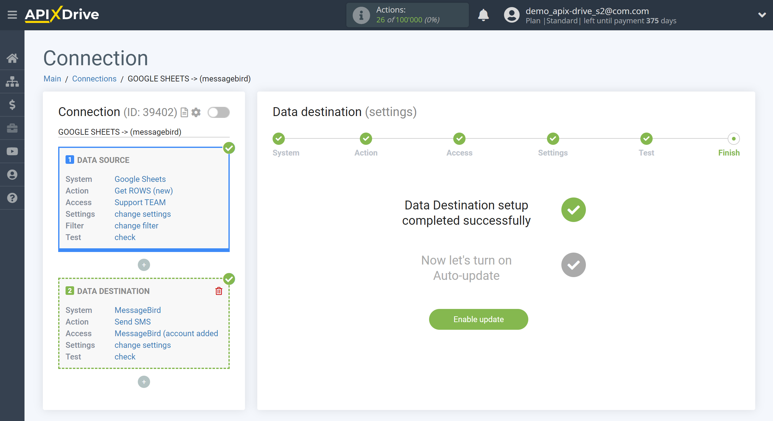 How to Connect MessageBird as Data Destination | Enable auto-update