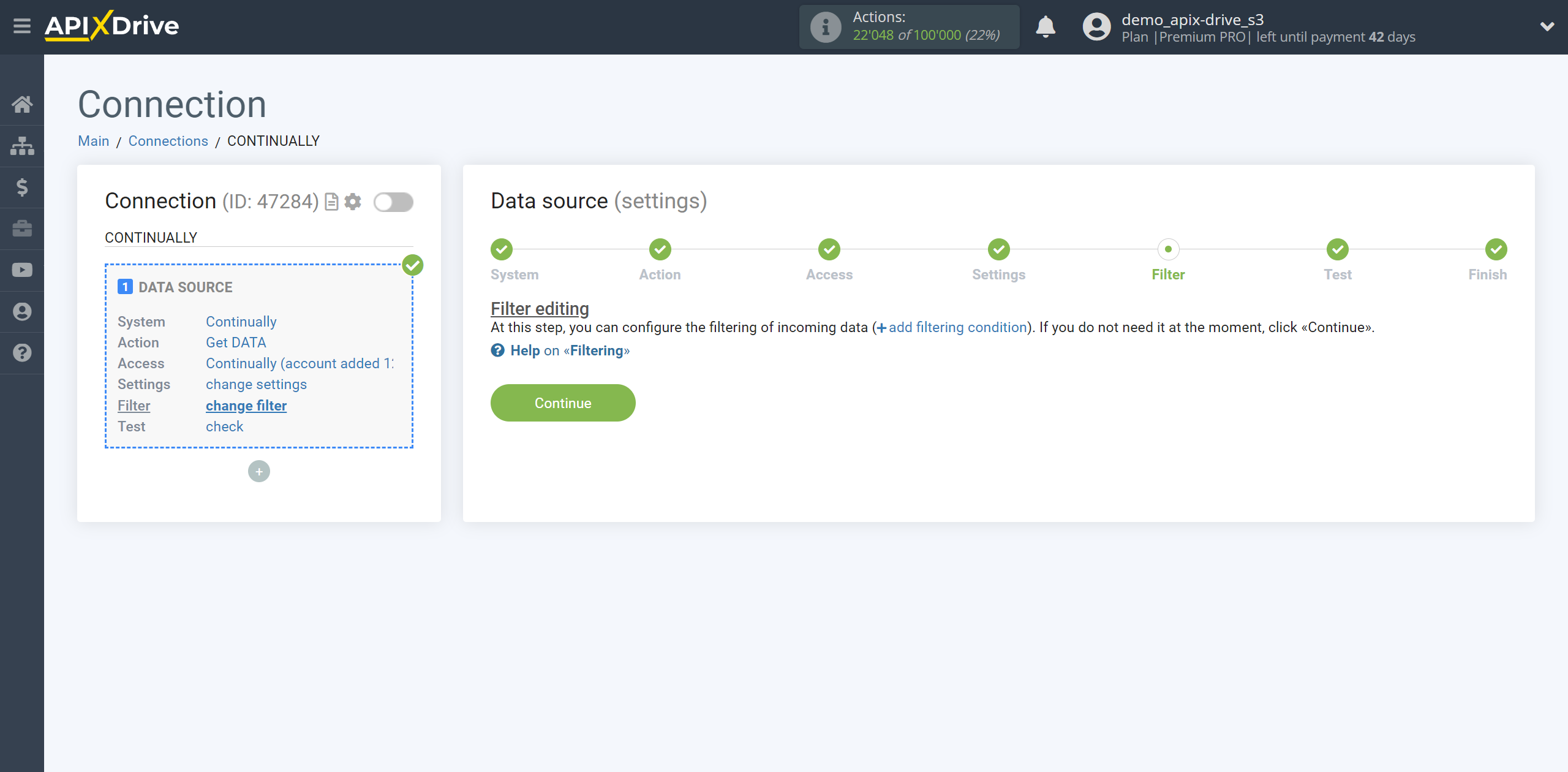 How to Connect Continually as Data Source | Data Filter