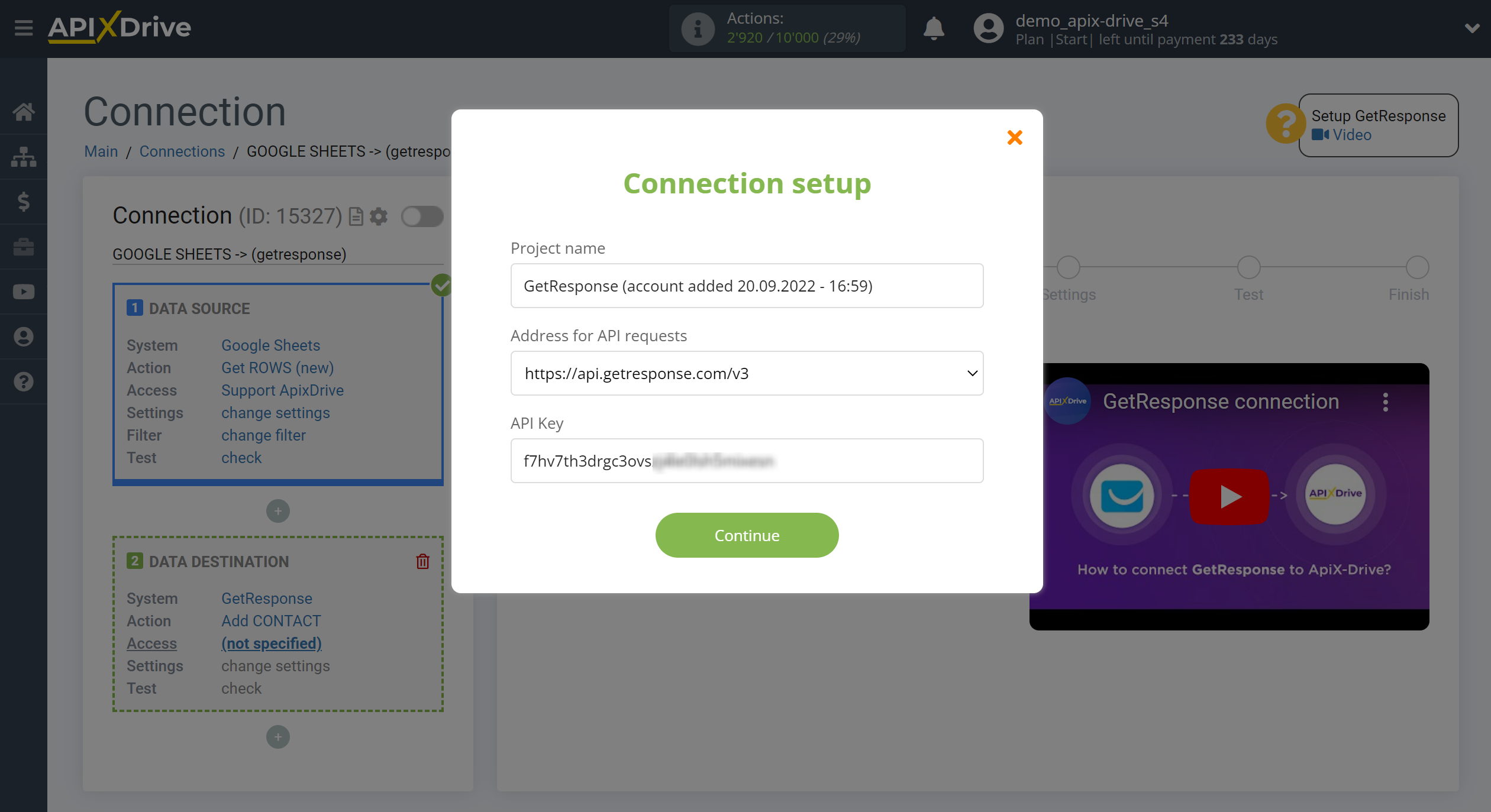 How to Connect GetResponse as Data Destination | Account connection