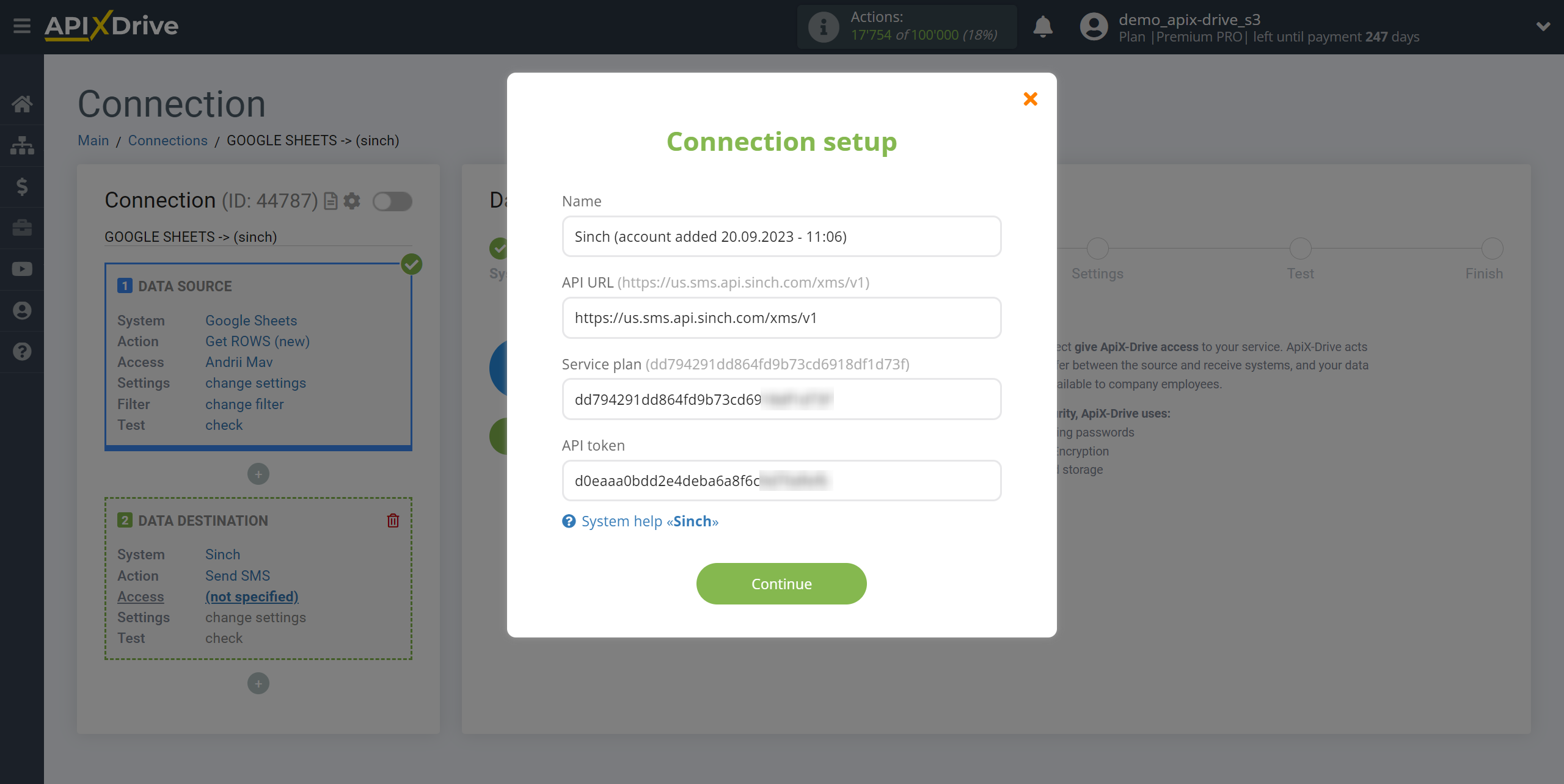 How to Connect Sinch as Data Destination | Entering data