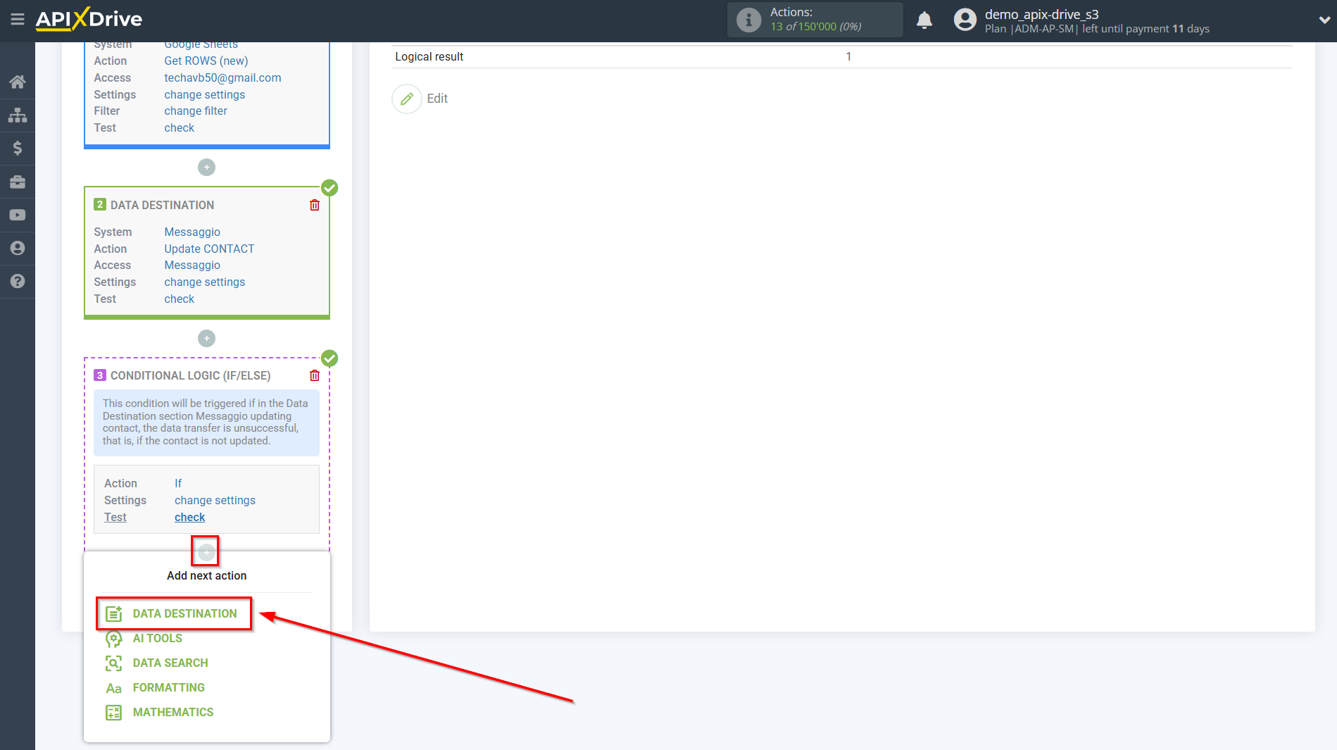 How to setup Messaggio Update Contact / Add Contact | Start setting up Data Destination inside the Logic section