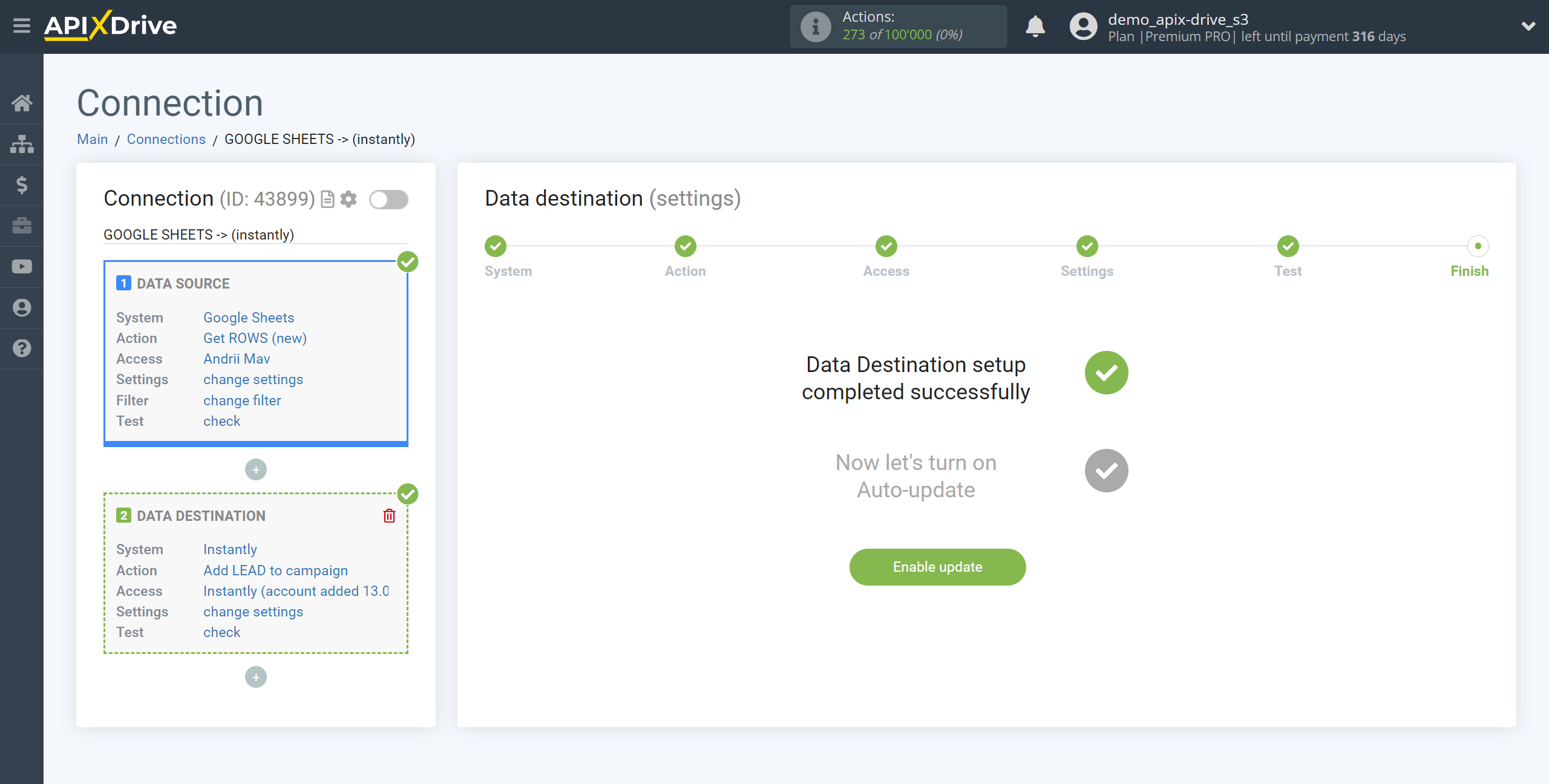 How to Connect Instantly as Data Destination | Enable auto-update