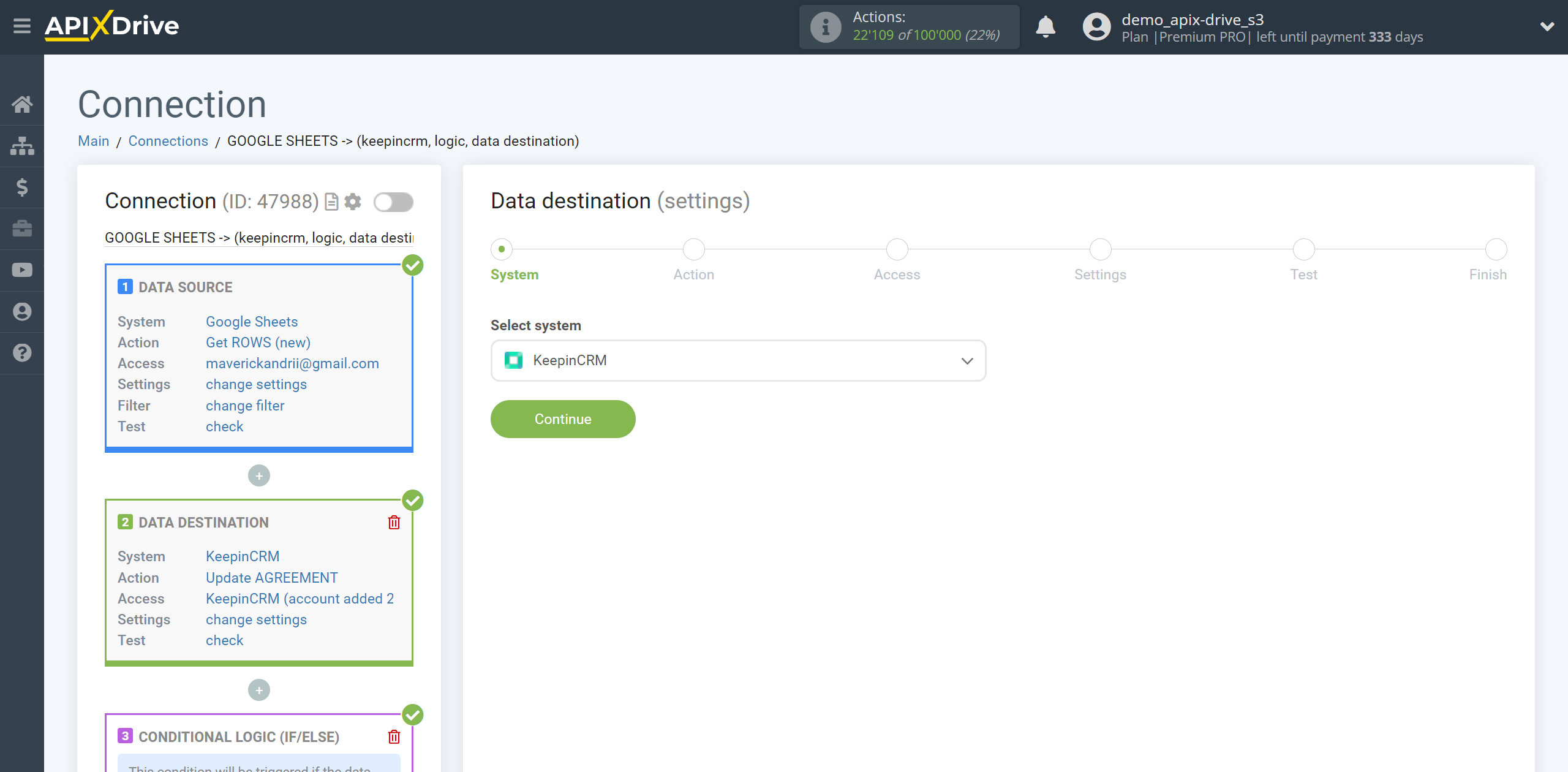 How to setup KeepinCRM Update Agreement / Create Agreement | System selection a Data Destination