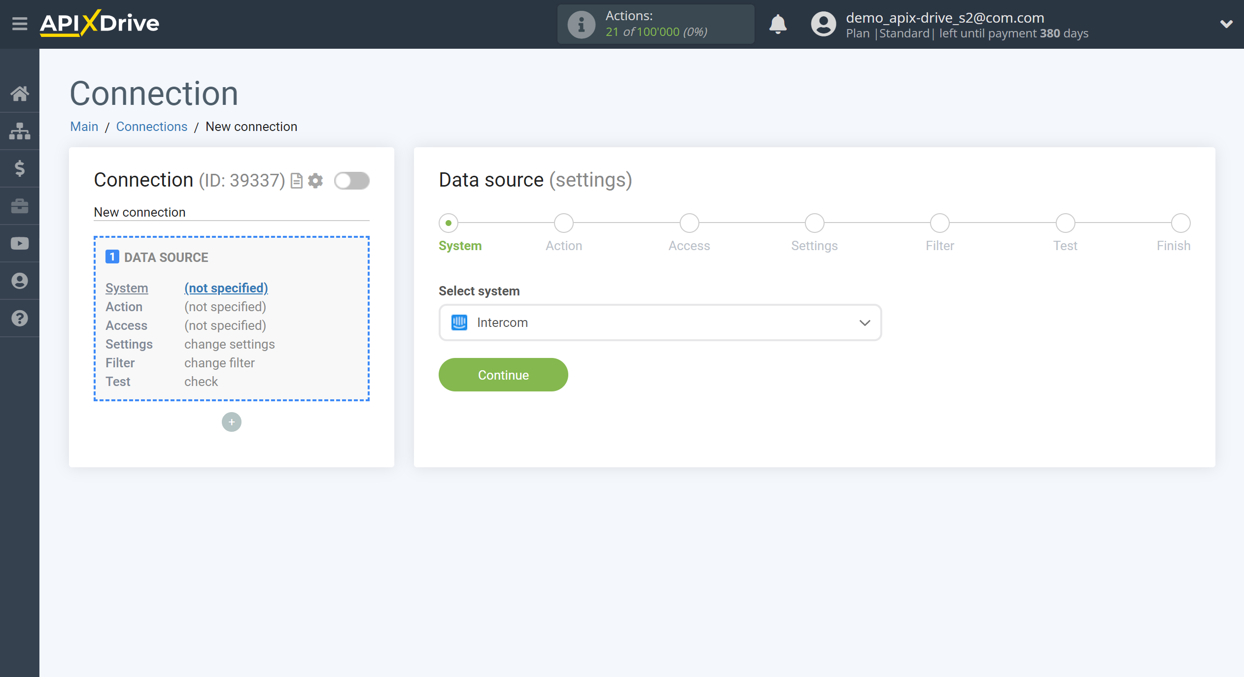 How to Connect Intercom as Data Source&nbsp;| System selection