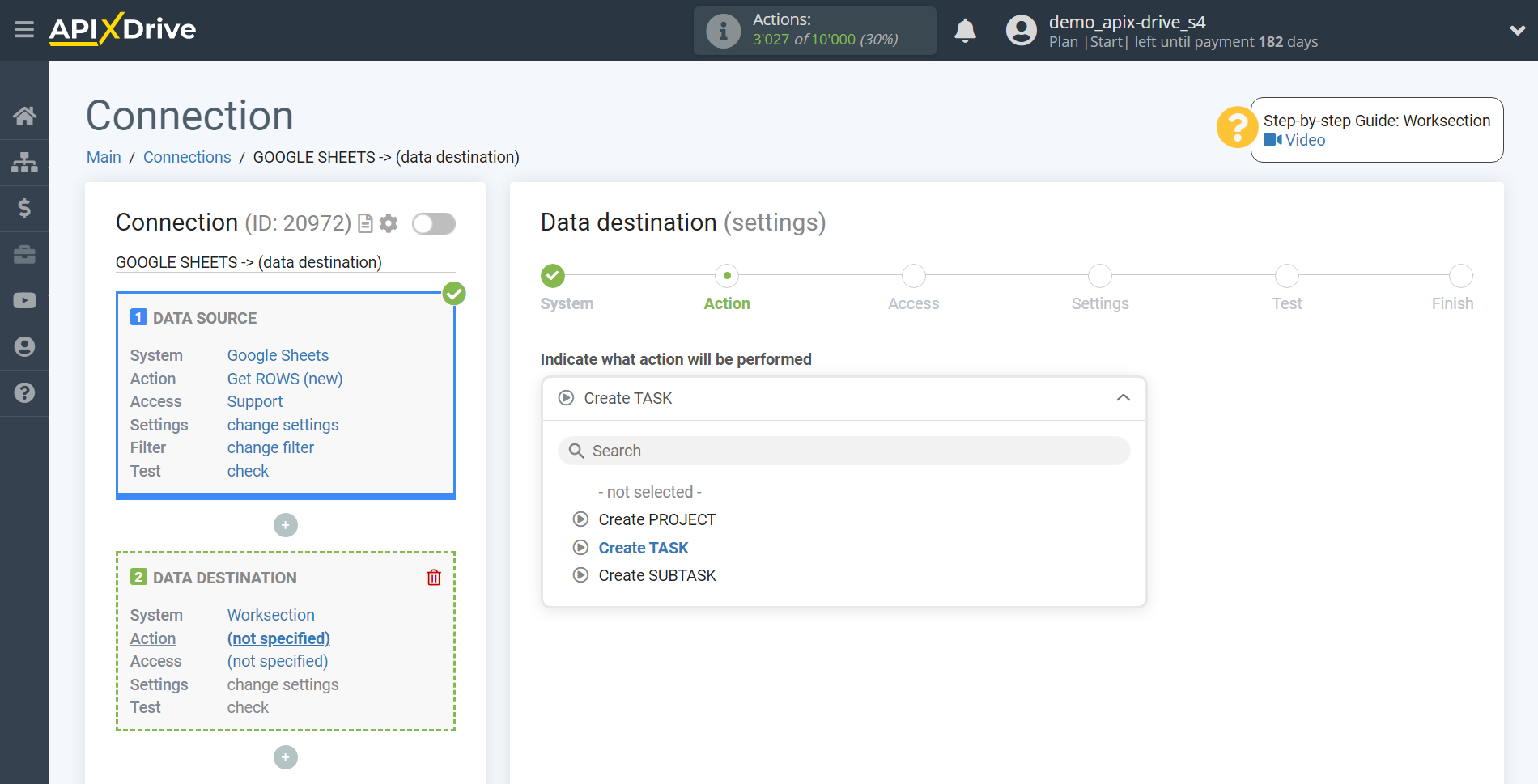 How to Connect Worksection as Data Destination | Action selection