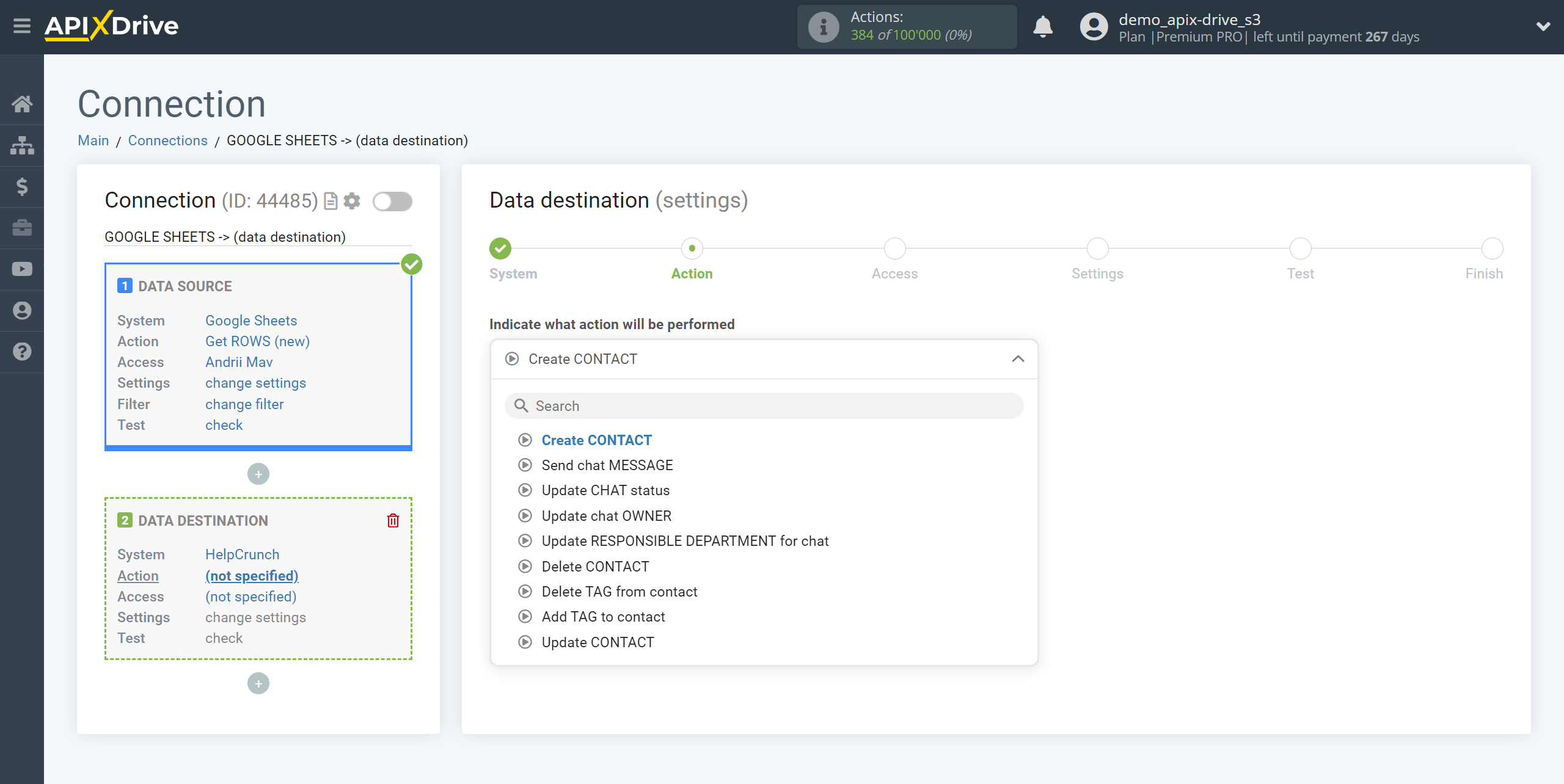 How to Connect HelpCrunch as Data Destination | Action selection