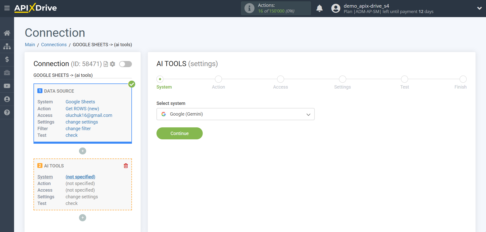 Setting up Gemini in Google Sheets | System selection
