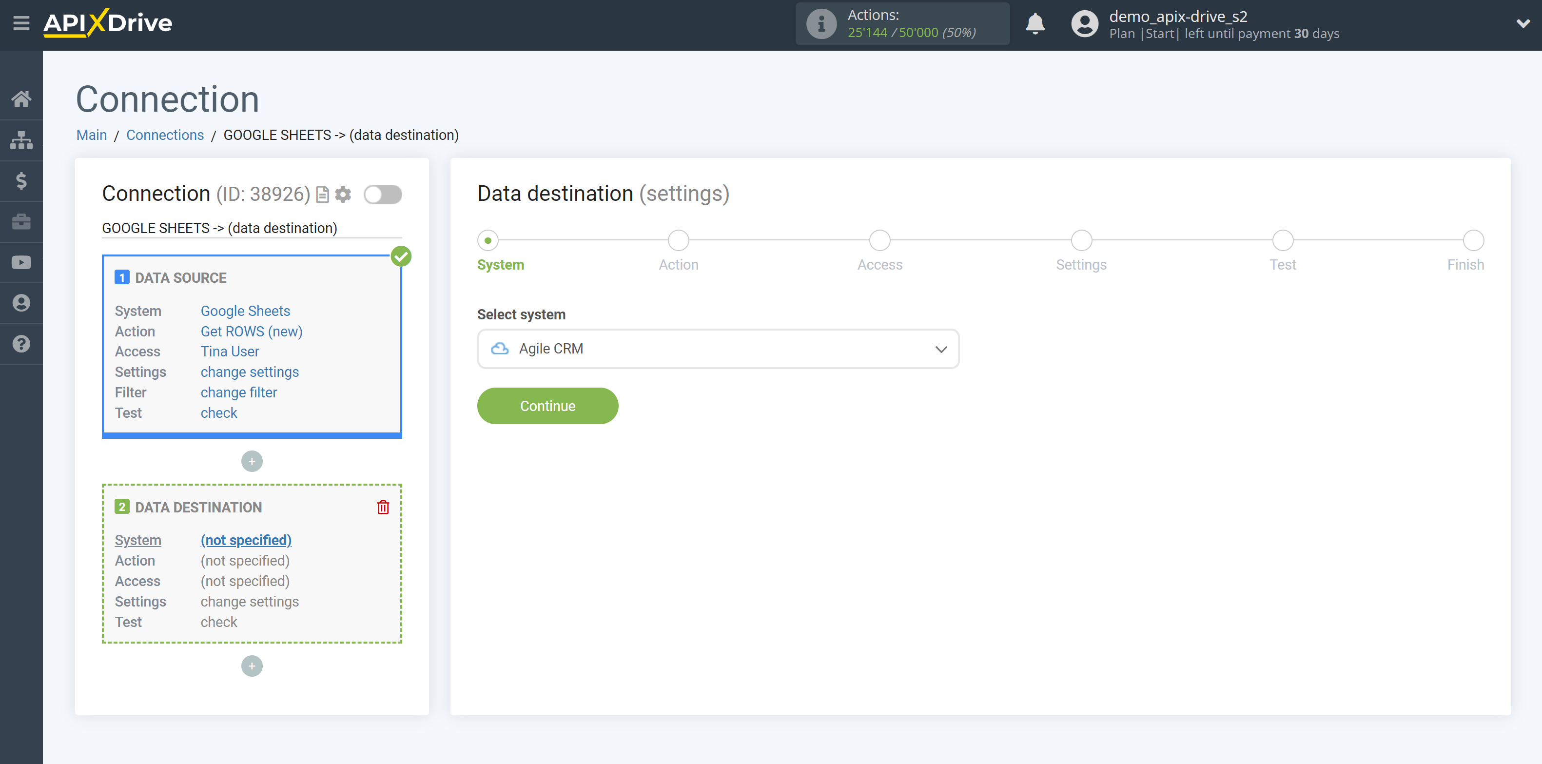 How to Connect AgileCRM as Data Destination | System selection