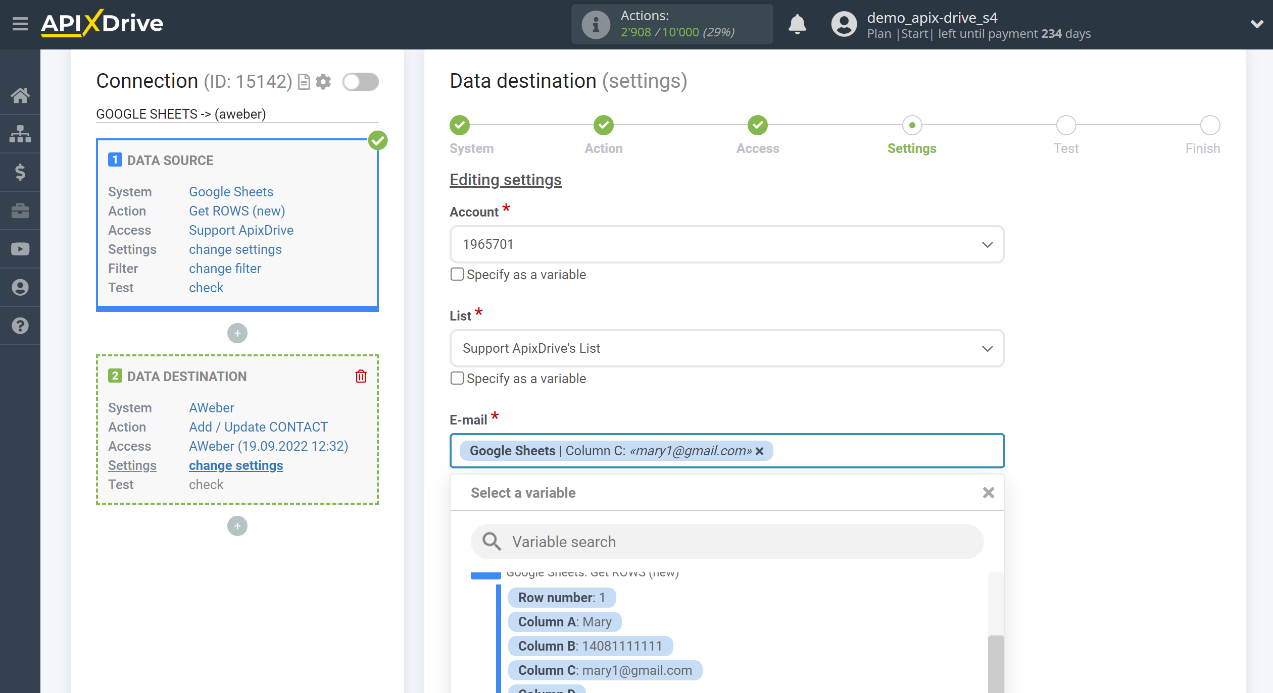 How to Connect Aweber as Data Destination | Assigning fields