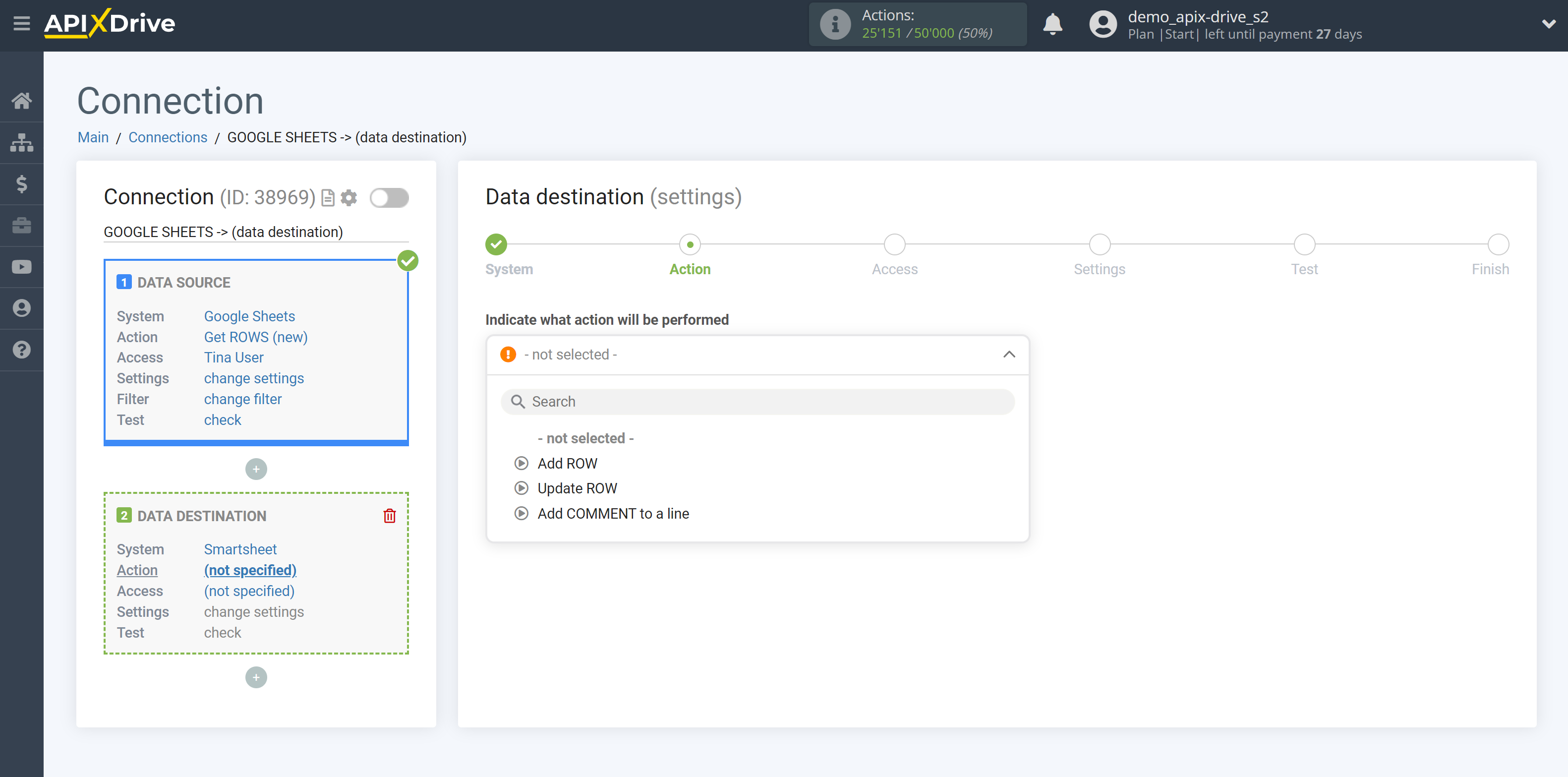 How to Connect Smartsheet as Data Destination | Action selection