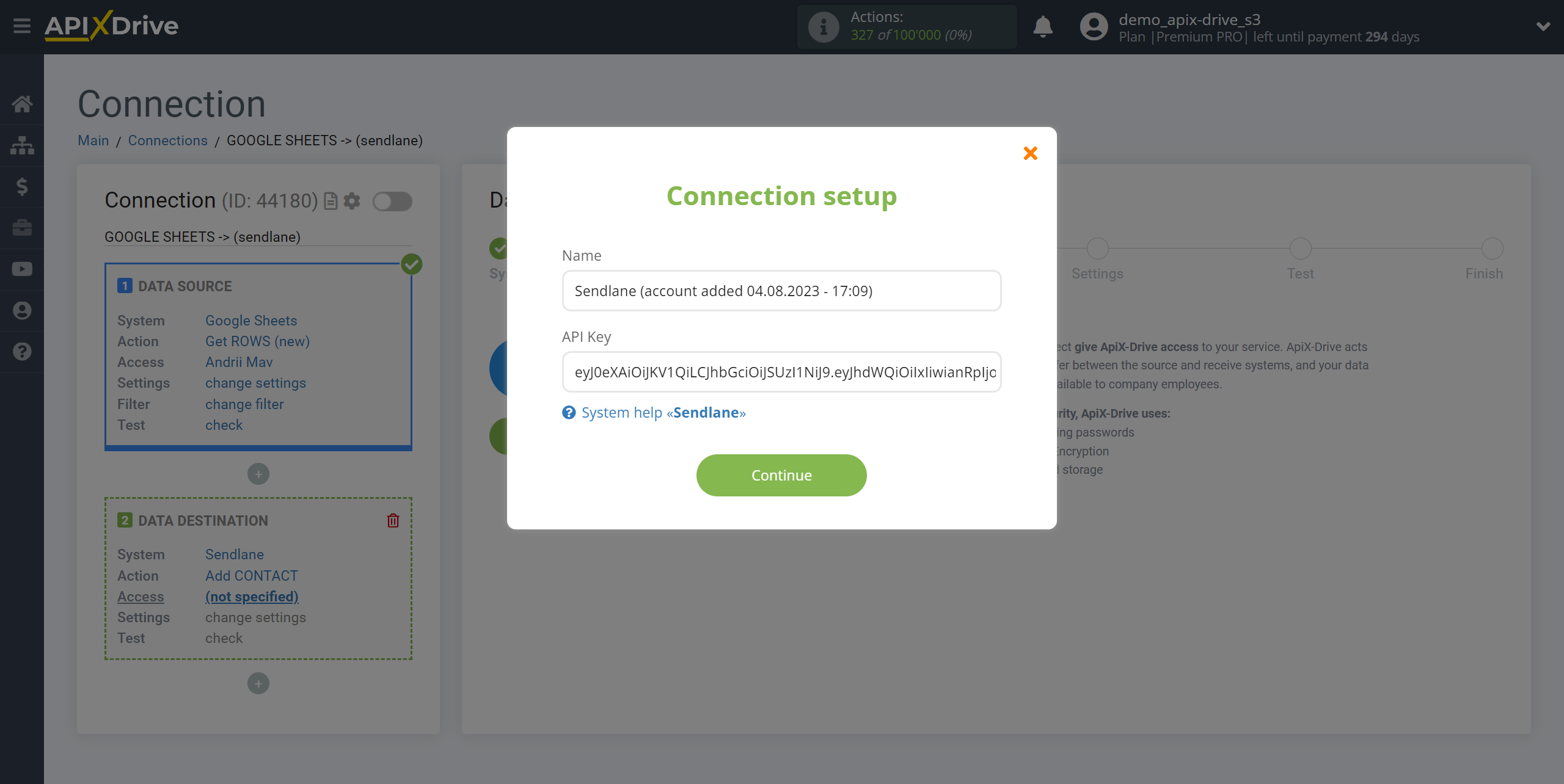 How to Connect Sendlane as Data Destination | Entering login information