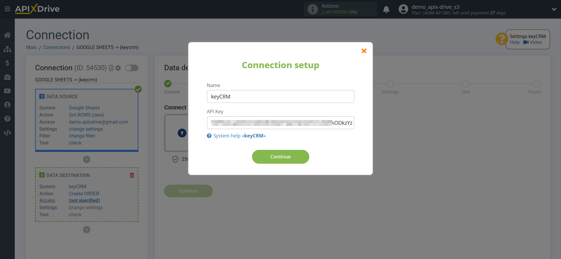 How to Connect KeyCRM as Data Destination | Entering connection data