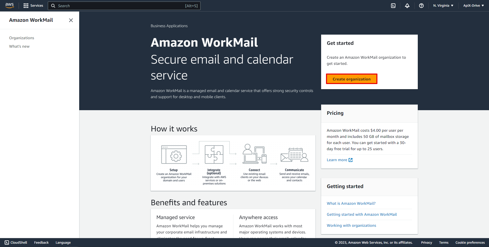 How to Connect Amazon Workmail as Data Source | Create an organization