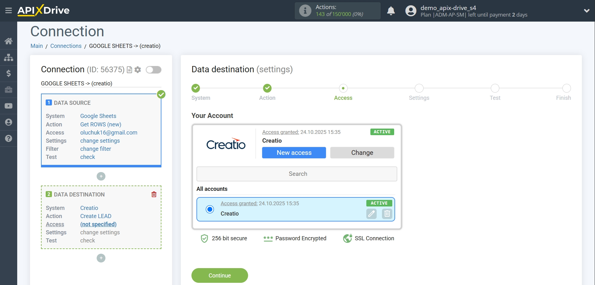 How to Connect Creatio  as Data Destination | Account selection How to Connect Creatio  as Data Destination | Account selection