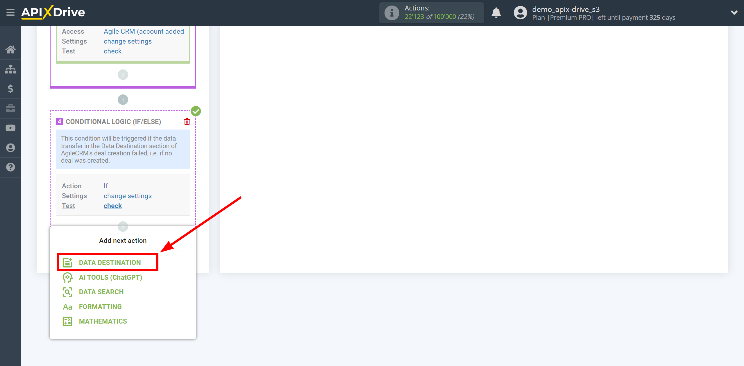 How to setup AgileCRM Update Deal / Create Deal | Start setting up Slack Data Destination inside the Logic section