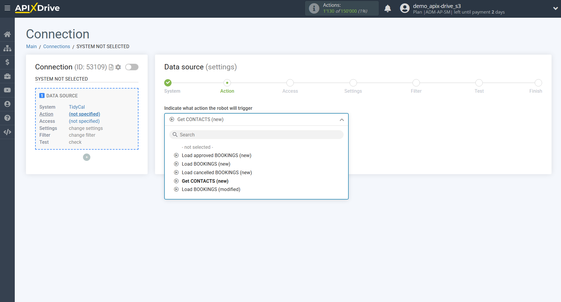 How to Connect Tidycal as Data Source | Action selection