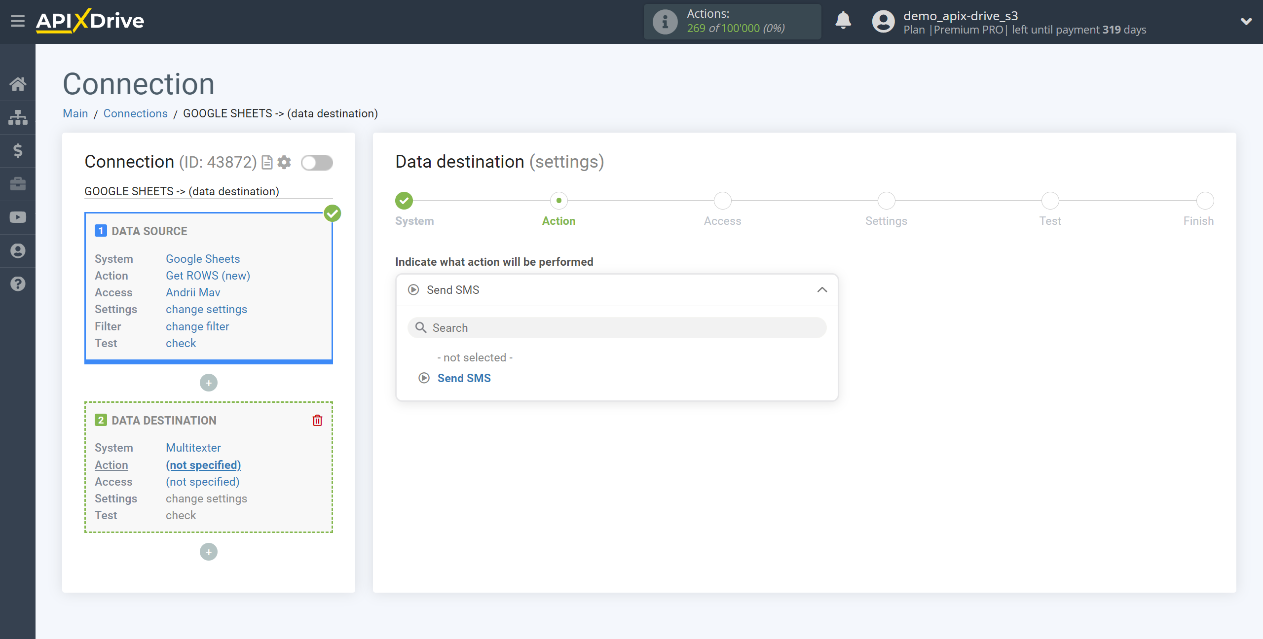 How to Connect Multitexter as Data Destination | Action selection