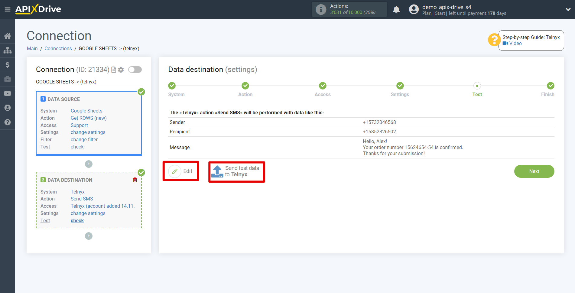 How to Connect Telnyx as Data Destination | Test data