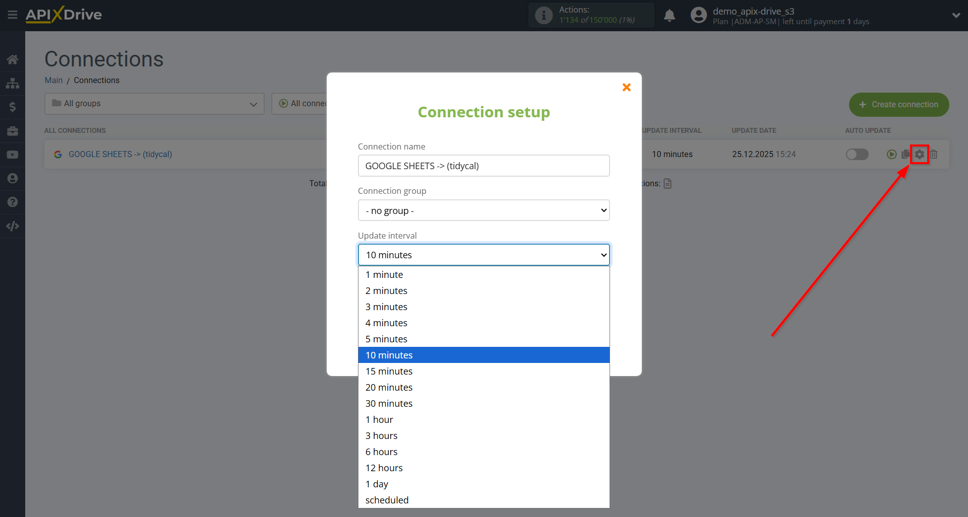 How to Connect Tidycal as Data Destination | Update interval