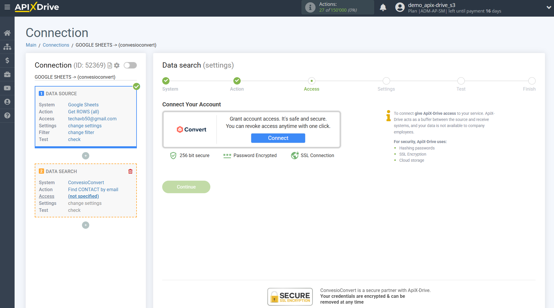 Setting up ConvesioConvert Contact Search in Google Sheets | Connecting account Setting up ConvesioConvert Contact Search in Google Sheets | Connecting account