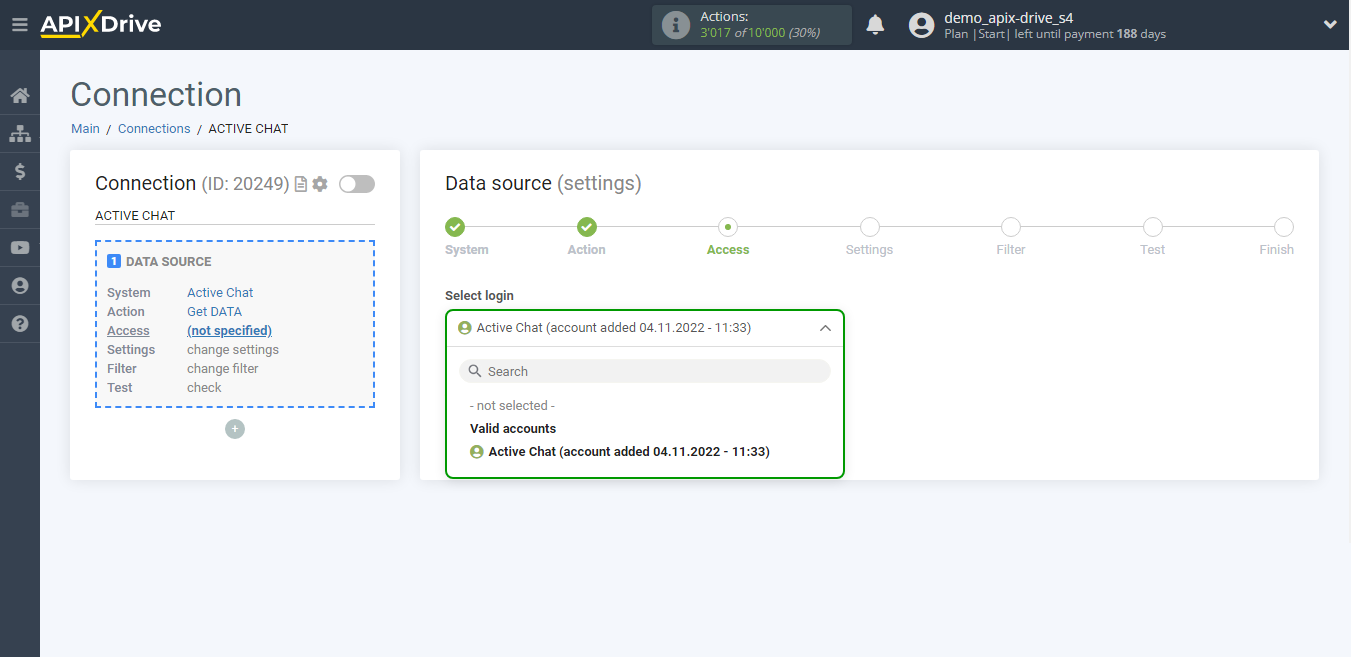 How to Connect Active Chat as Data Source | Account selection