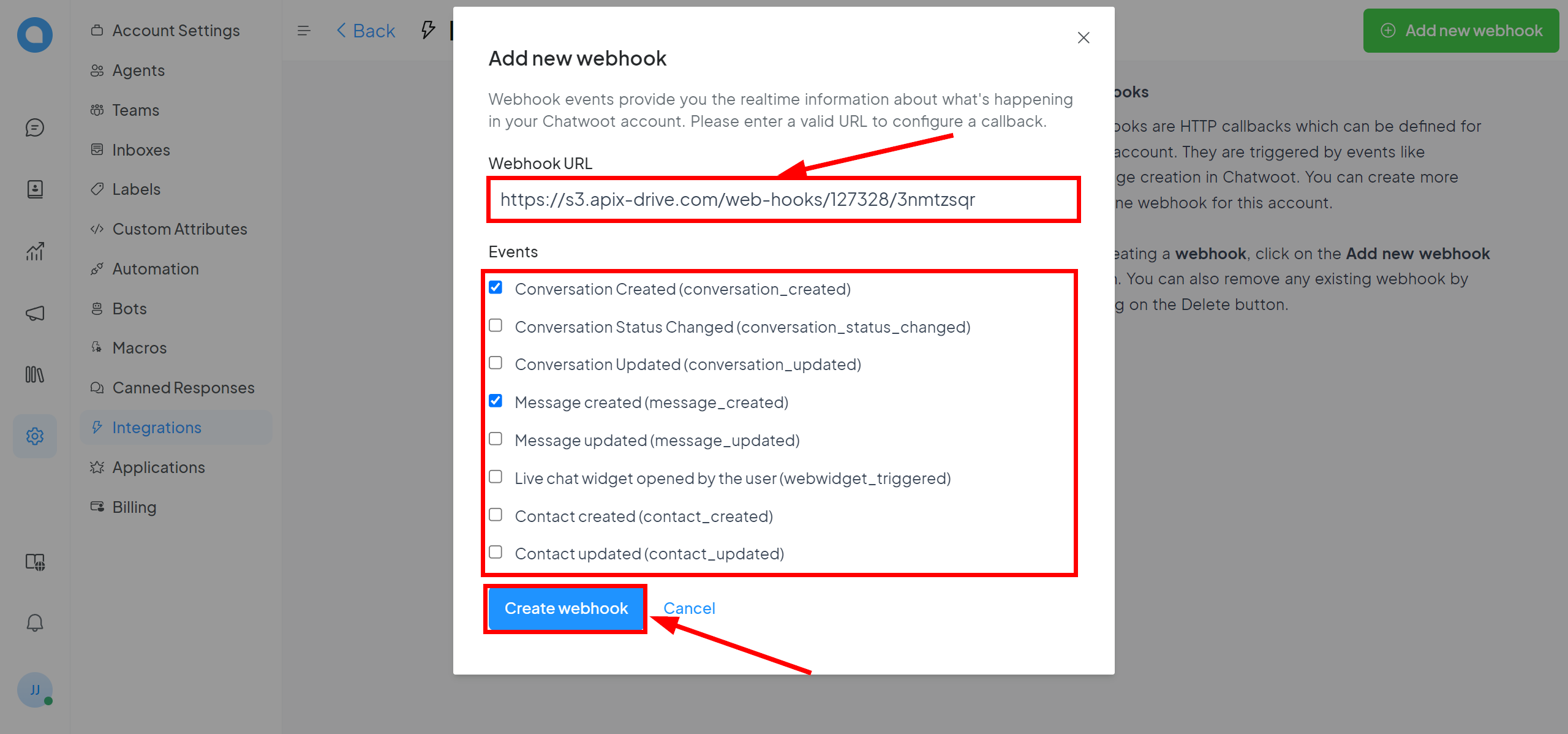 How to Connect Chatwoot as Data Source | Configuring Webhook Options